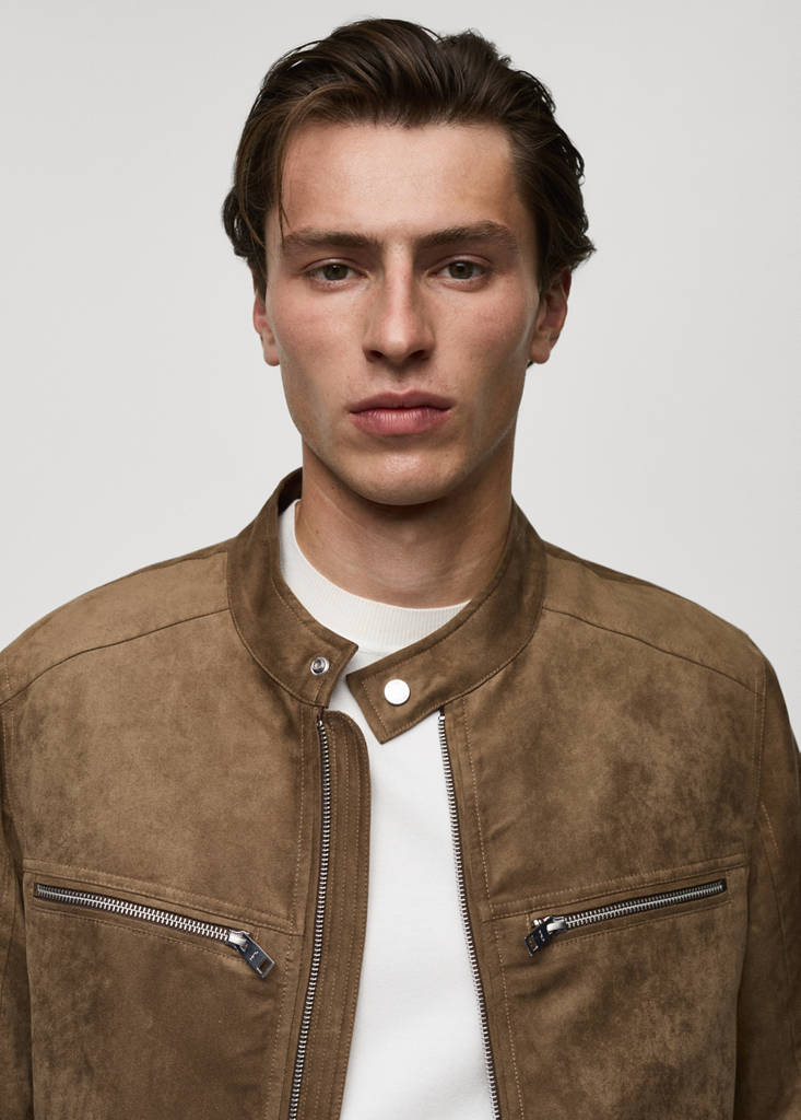 Suede-effect jacket with zip — Medium Brown