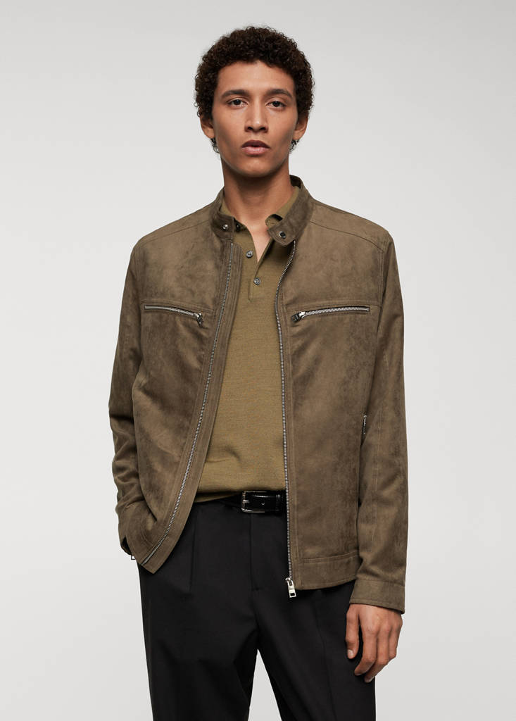 Suede-effect jacket with zip — Khaki
