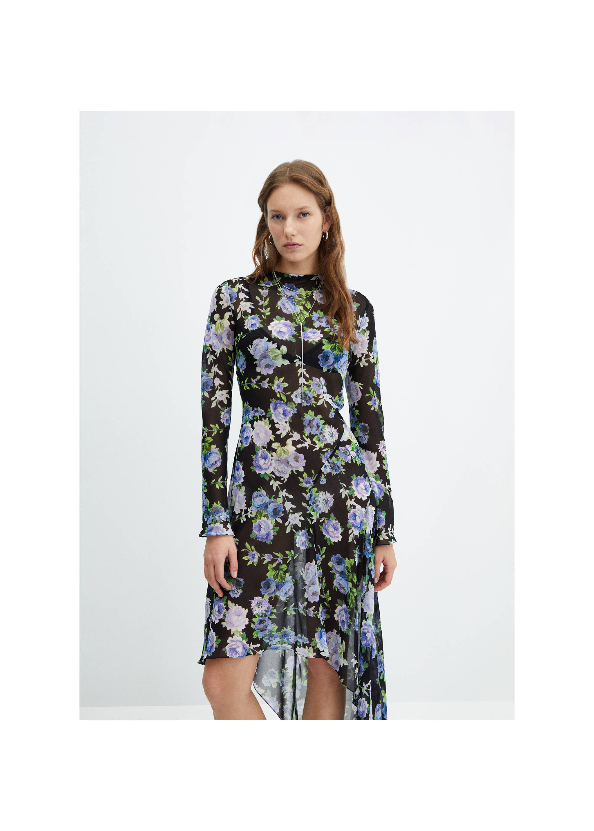 Asymmetrical floral dress - Medium plane, Black. Ref: 67055756-00.