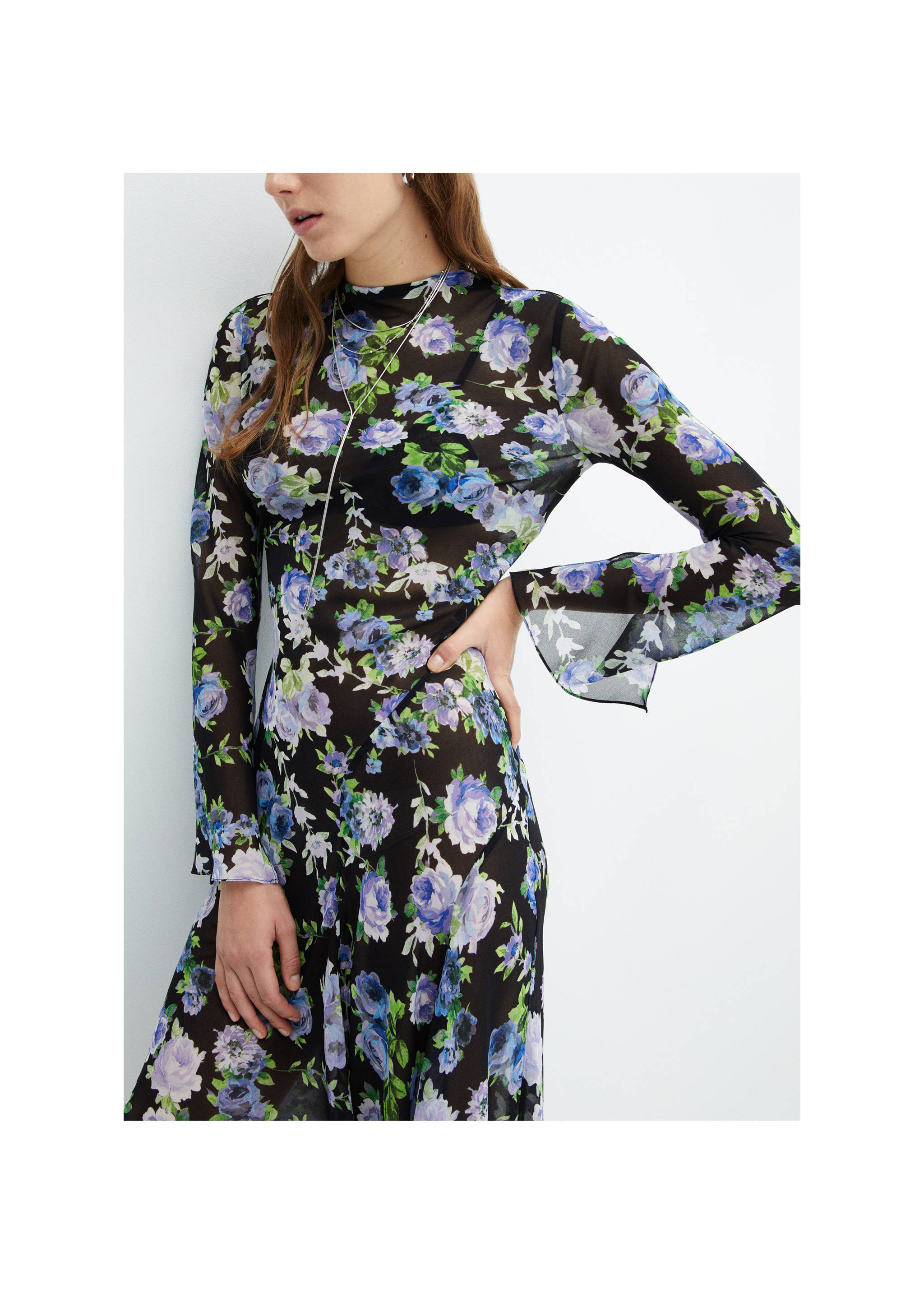 Asymmetrical floral dress - Details of the article 3, Black. Ref: 67055756-00.