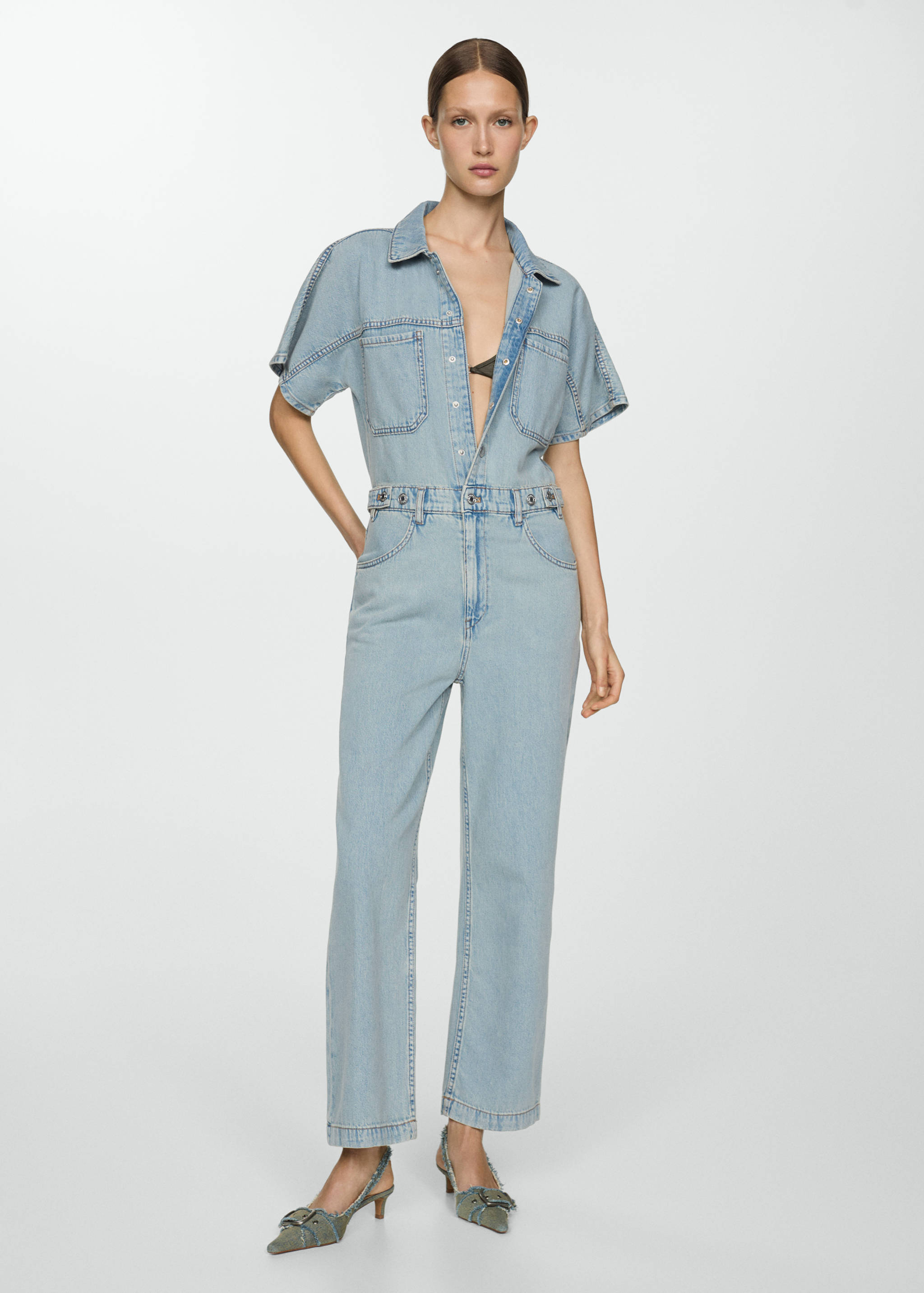 Denim jumpsuit with multi-position buttons - General plane