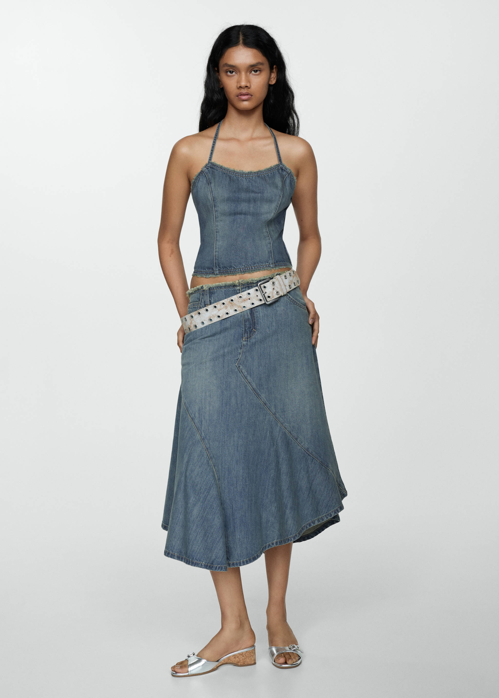 Asymmetrical frayed denim skirt - General plane