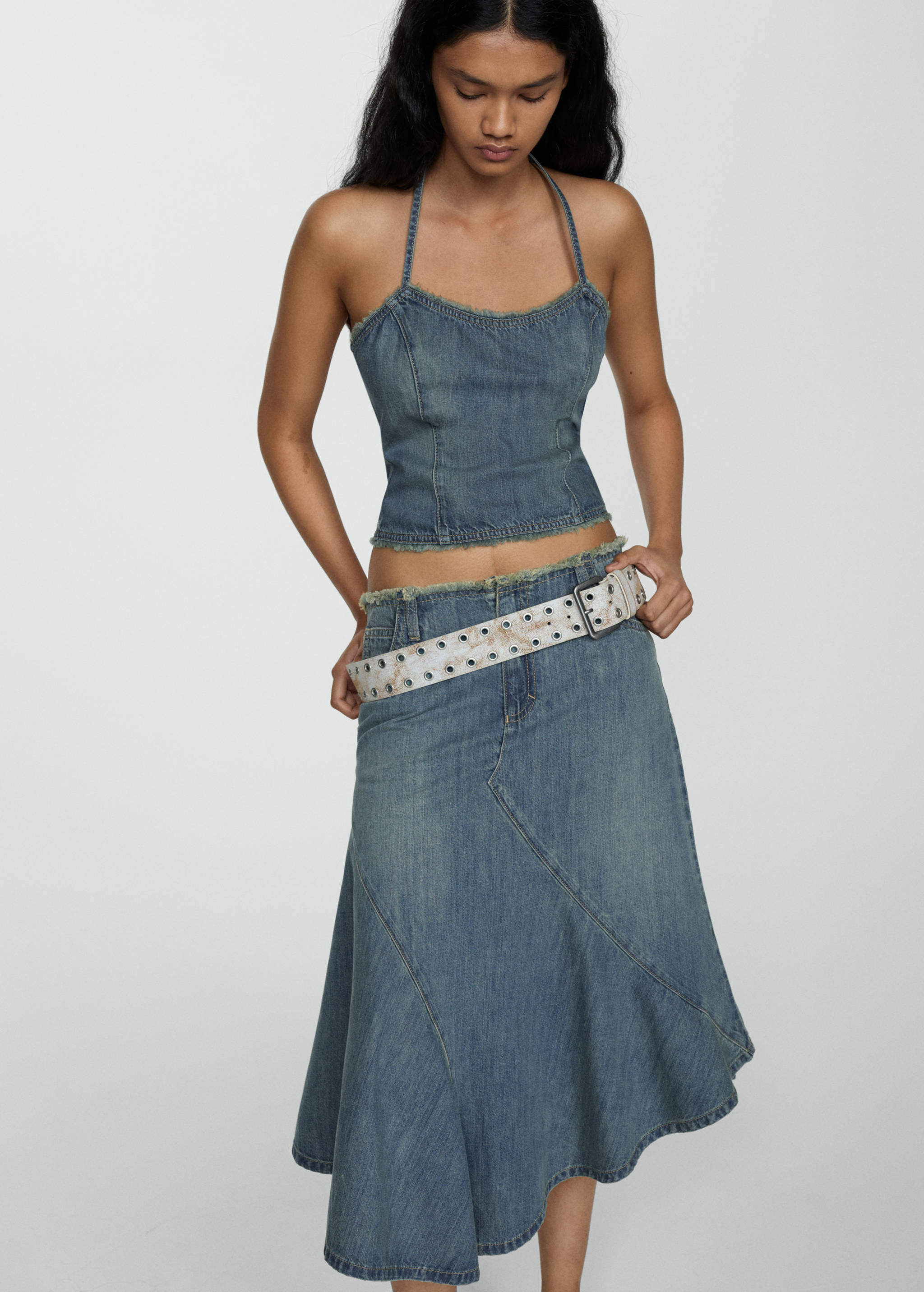 Asymmetrical frayed denim skirt - Details of the article 1