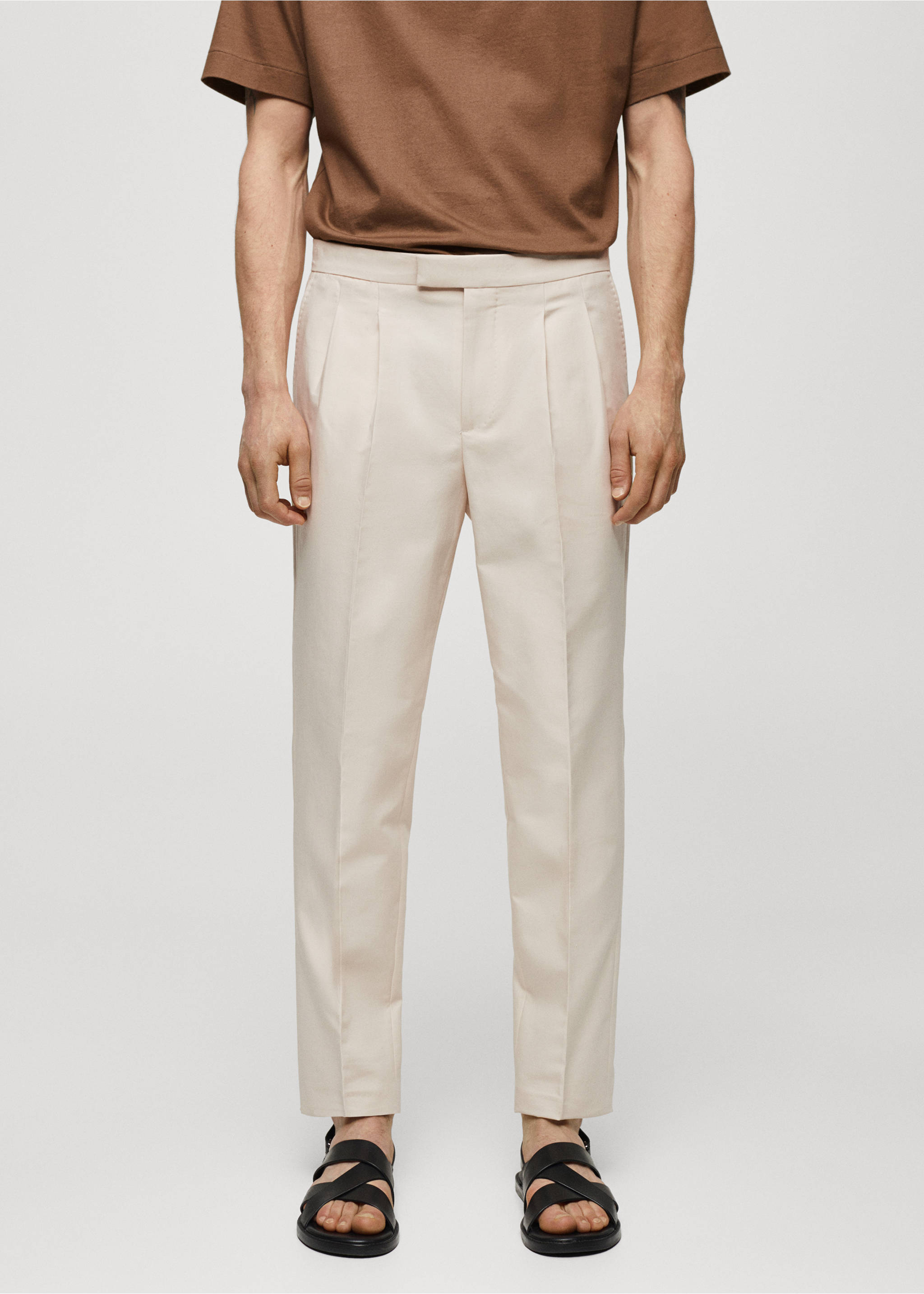 Slim-fit bandplooibroek 100% katoen - Middenvlak, Ecru. Ref: 67058267-00.