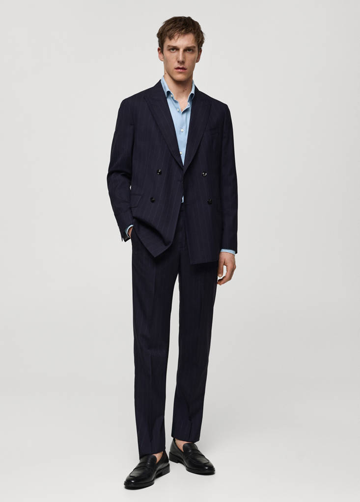 Pinstripe virgin wool suit trousers — Dark Navy