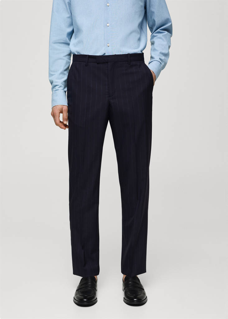 Pinstripe virgin wool suit trousers — Dark Navy