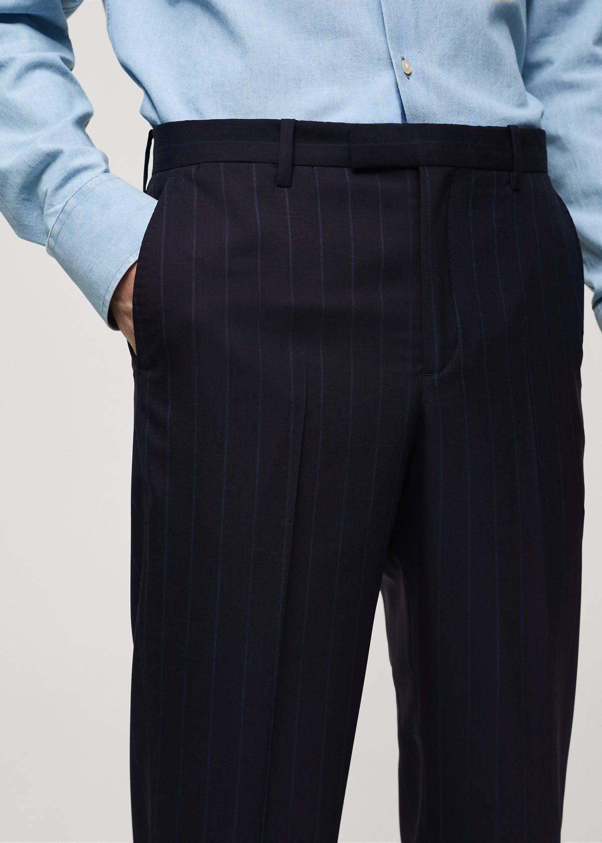 Pinstripe virgin wool suit trousers — Dark Navy