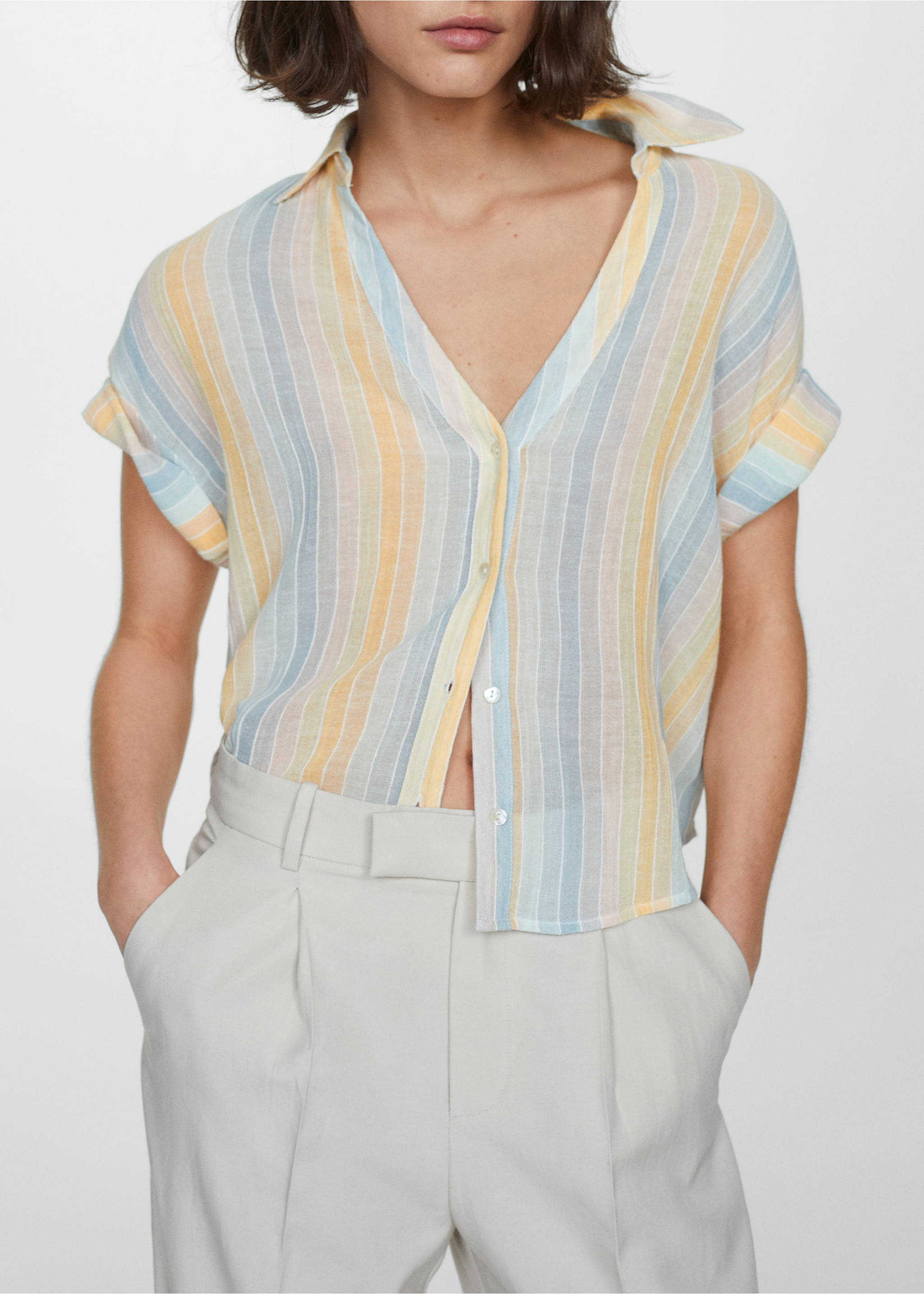 Semi-transparent striped shirt - Details of the article 3, Pastel Yellow. Ref: 67058639-00.
