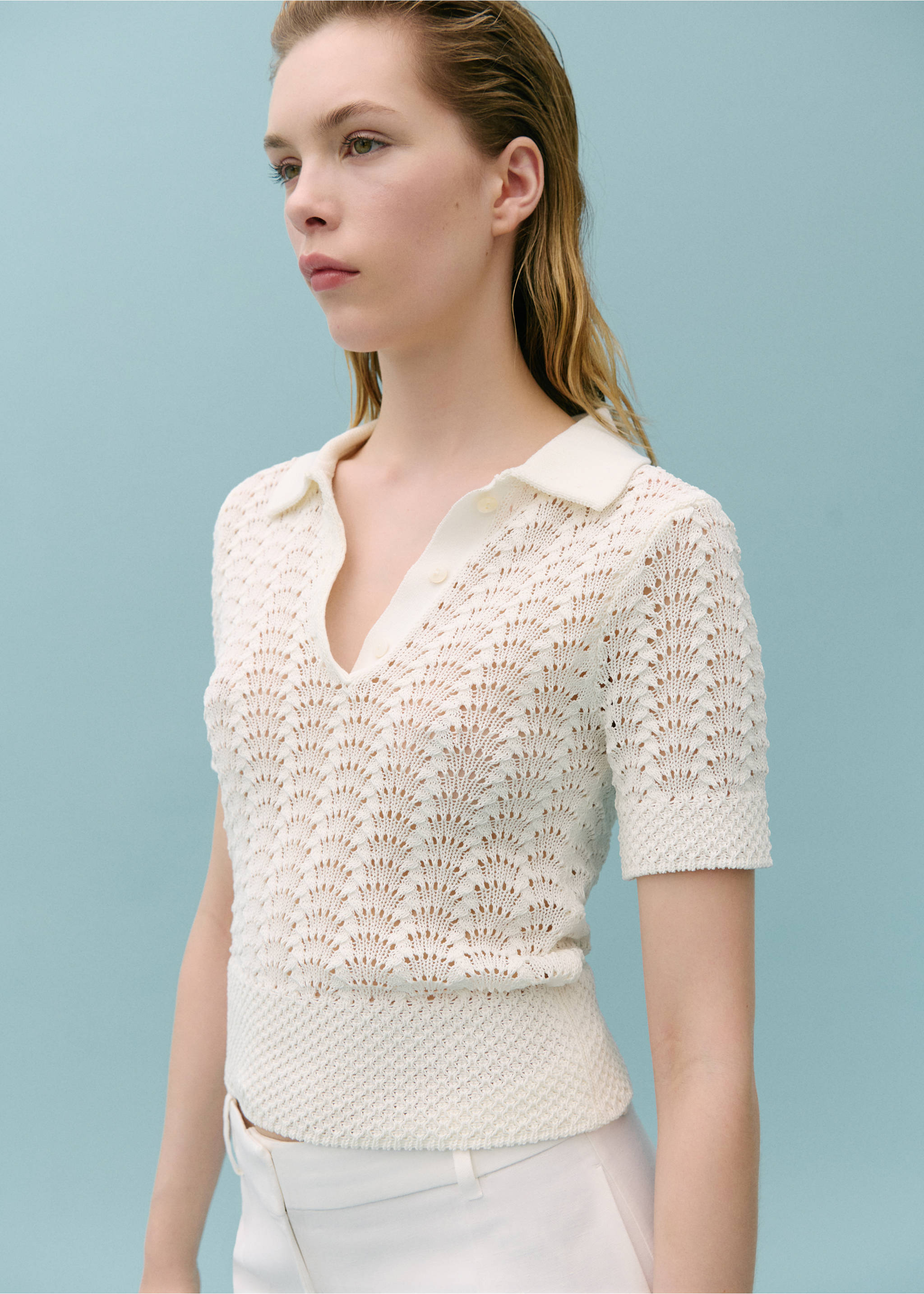 Pull-over crochet col polo - Plan moyen, Blanc cassé. Ref: 67058651-00.