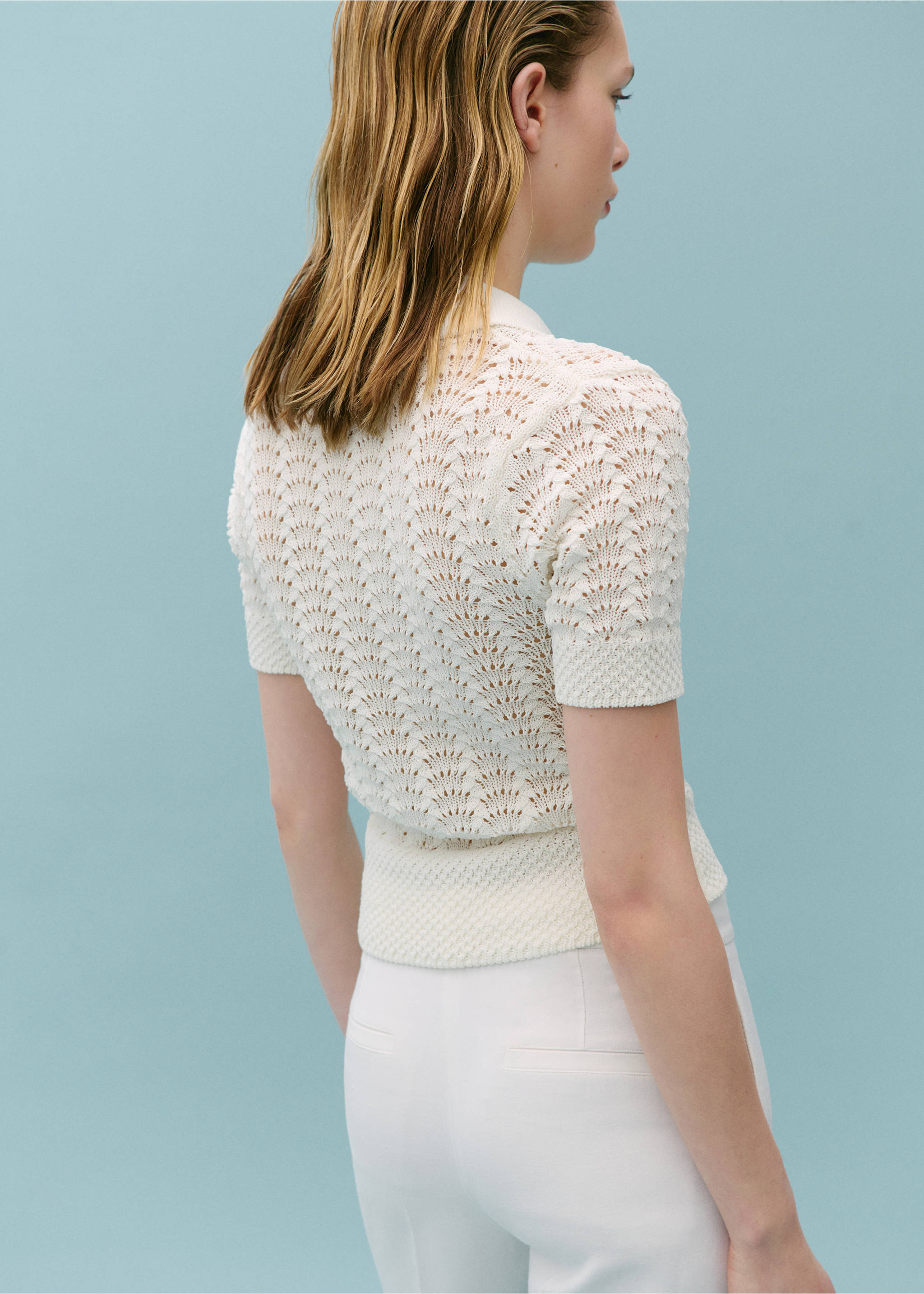 Pull-over crochet col polo - Verso de l’article, Blanc cassé. Ref: 67058651-00.