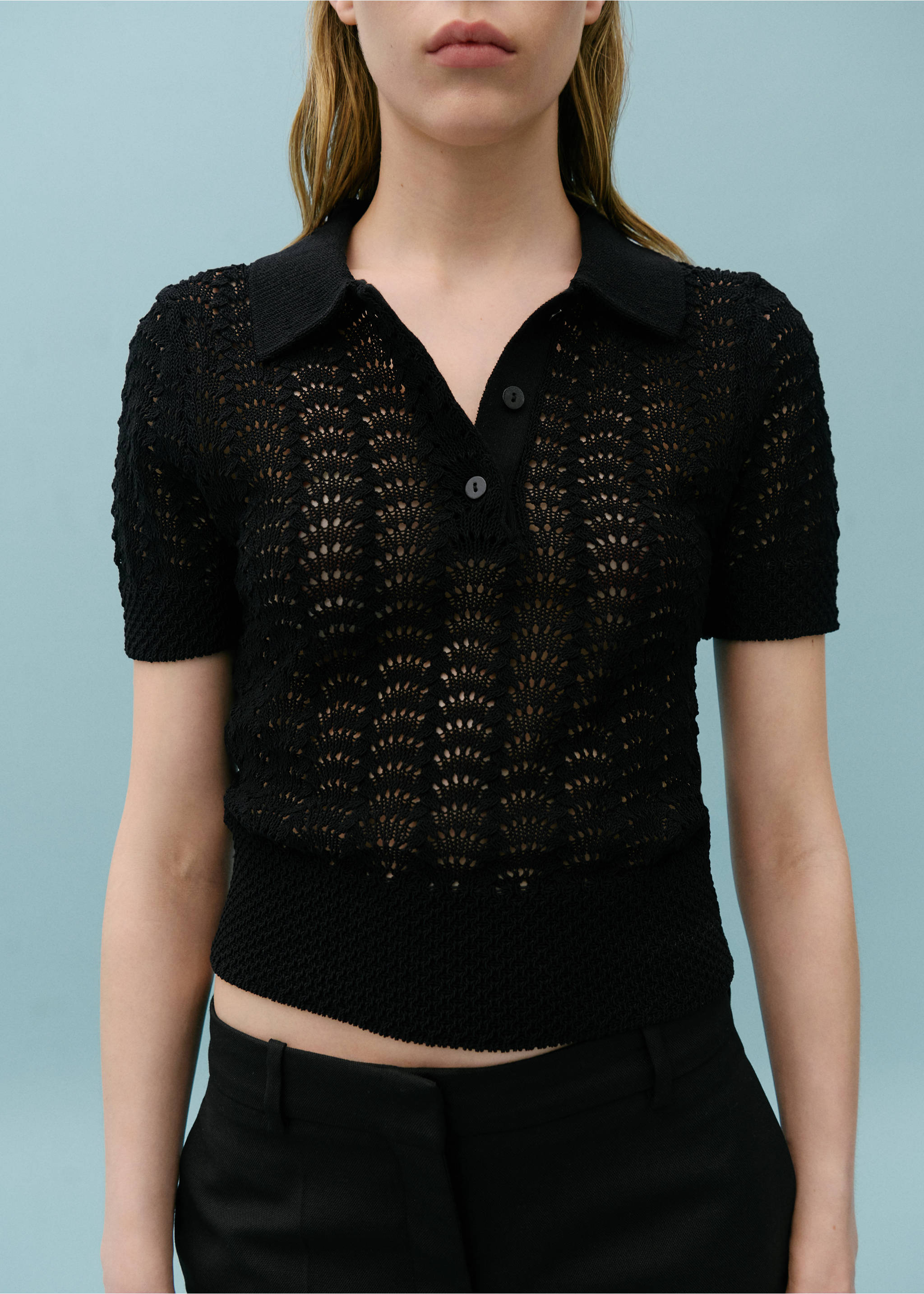 Pull-over crochet col polo - Détail de l'article 3, Noir. Ref: 67058651-00.