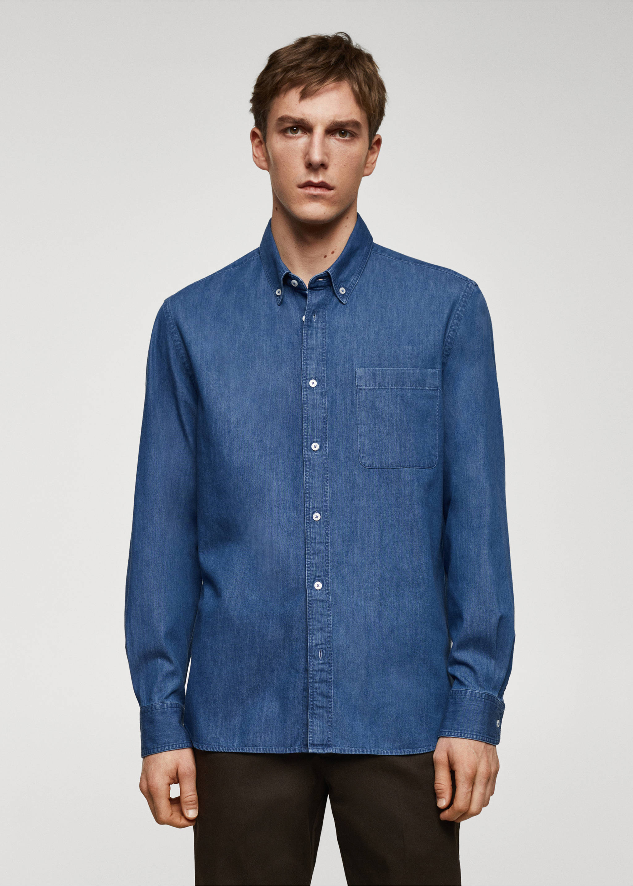 Camisa classic fit chambray algodón - Plano medio, Azul medio. Ref: 67060638-00.