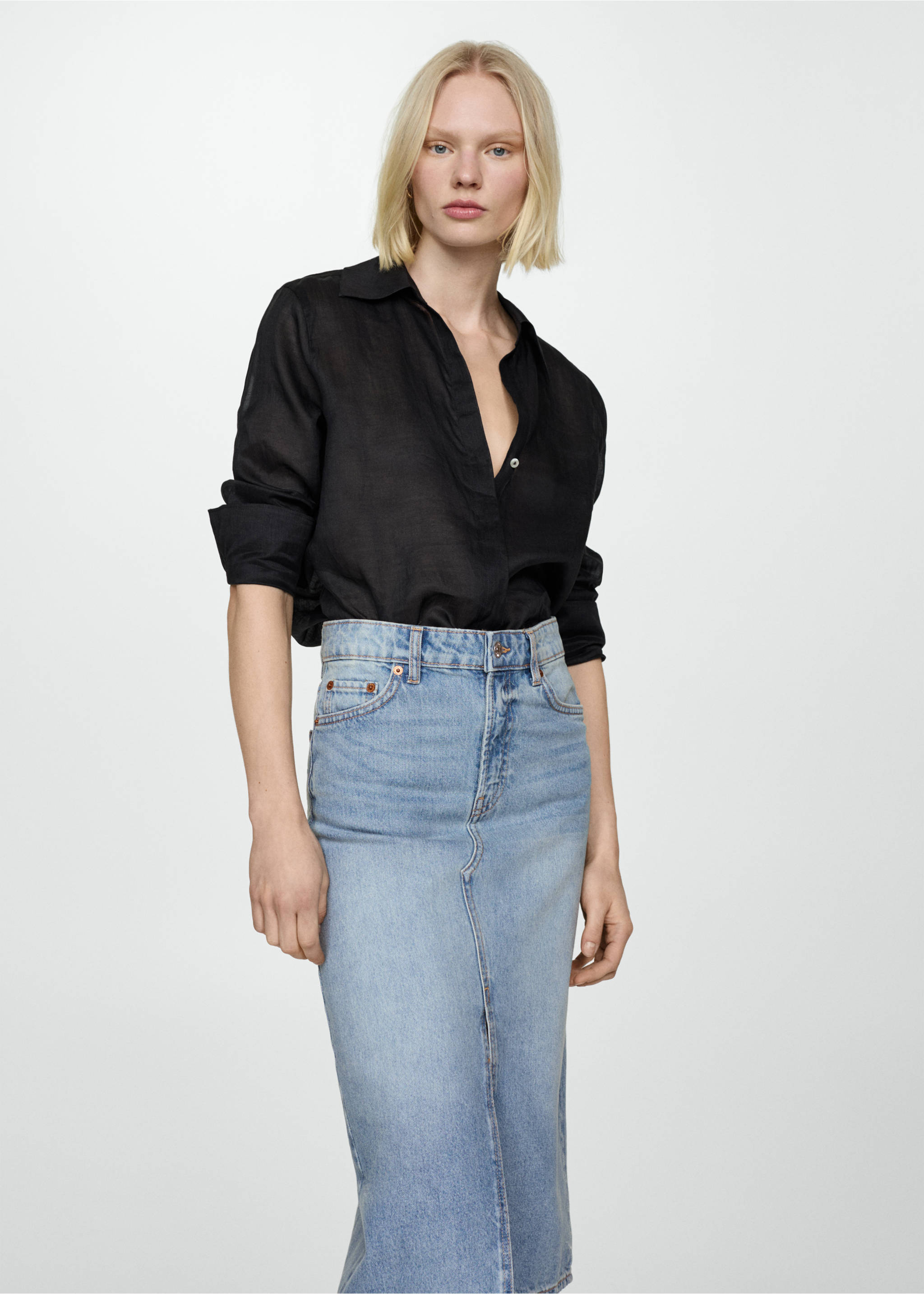 Denim midi-skirt - Details of the article 1, Medium Blue. Ref: 67064022-00.