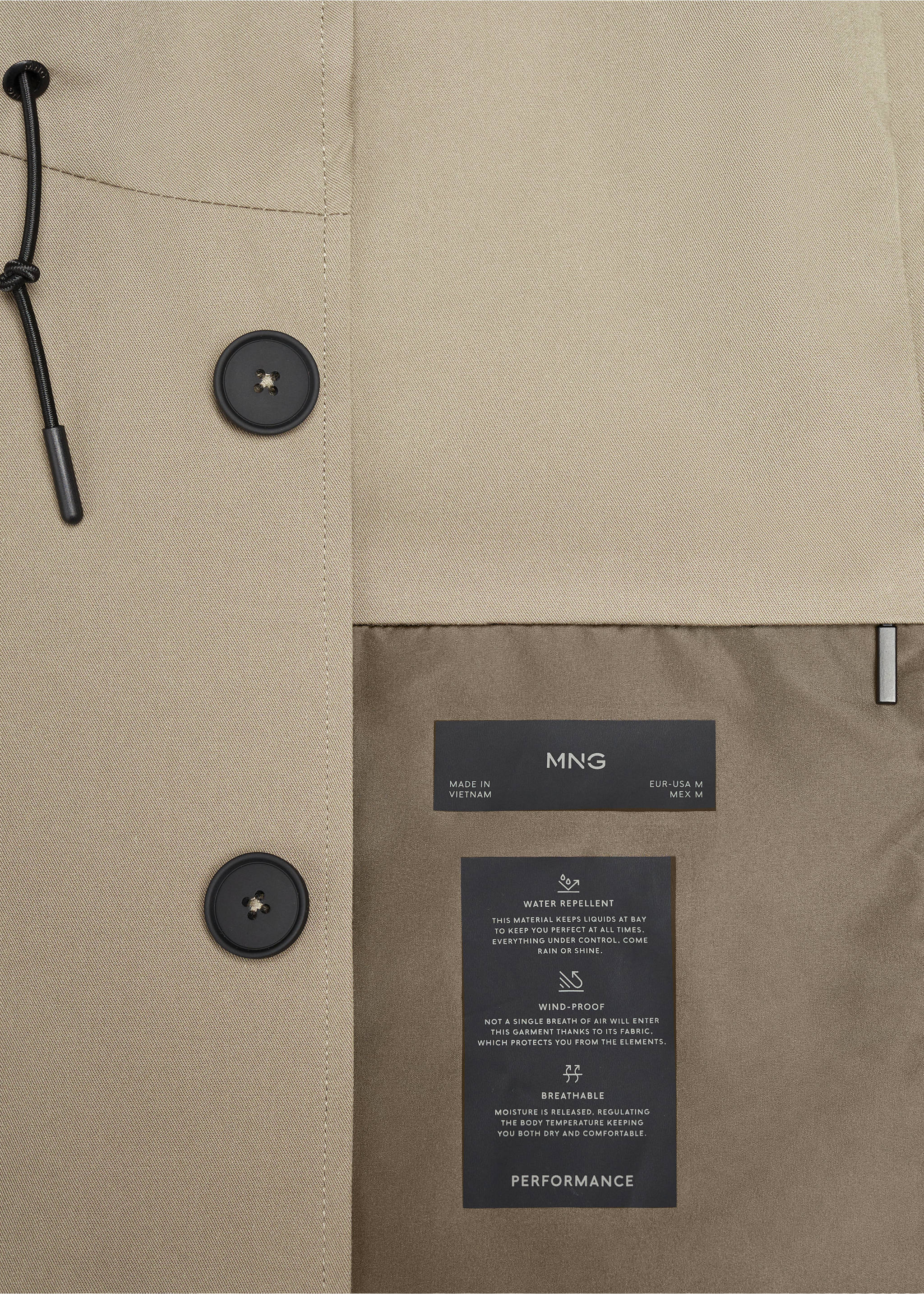 Water-repellent hooded parka - Details of the article 8, Khaki. Ref: 67064439-00.