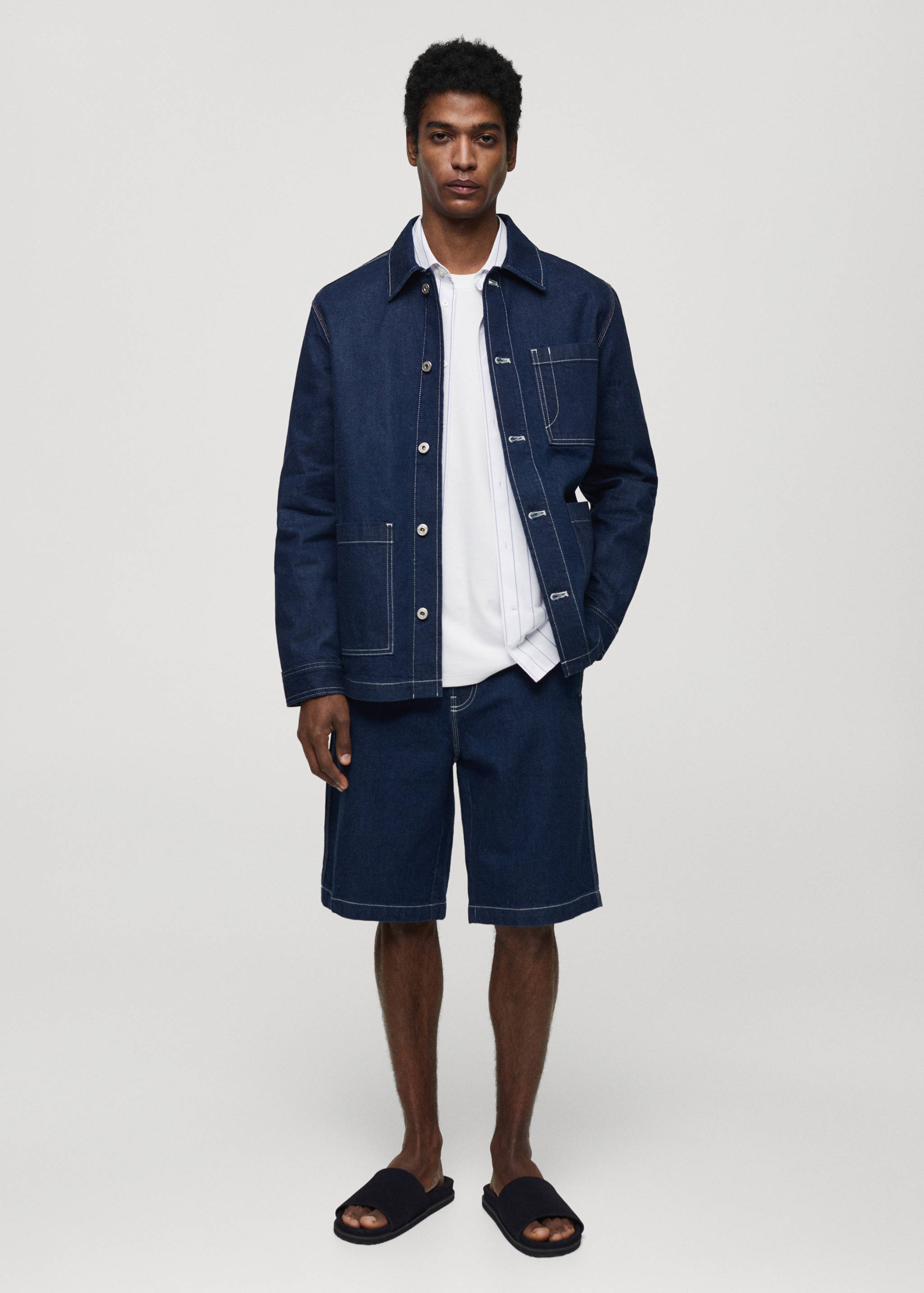 Denim overshirt with stitching pockets - General plane