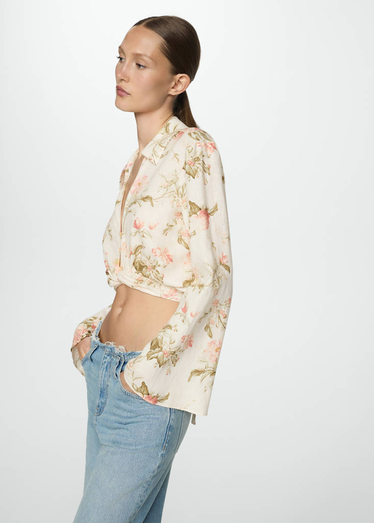 Floral linen-blend blouse — Vanilla