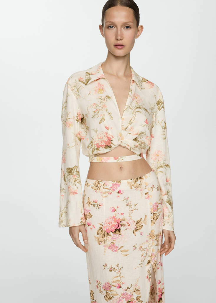 Floral linen-blend blouse — Vanilla