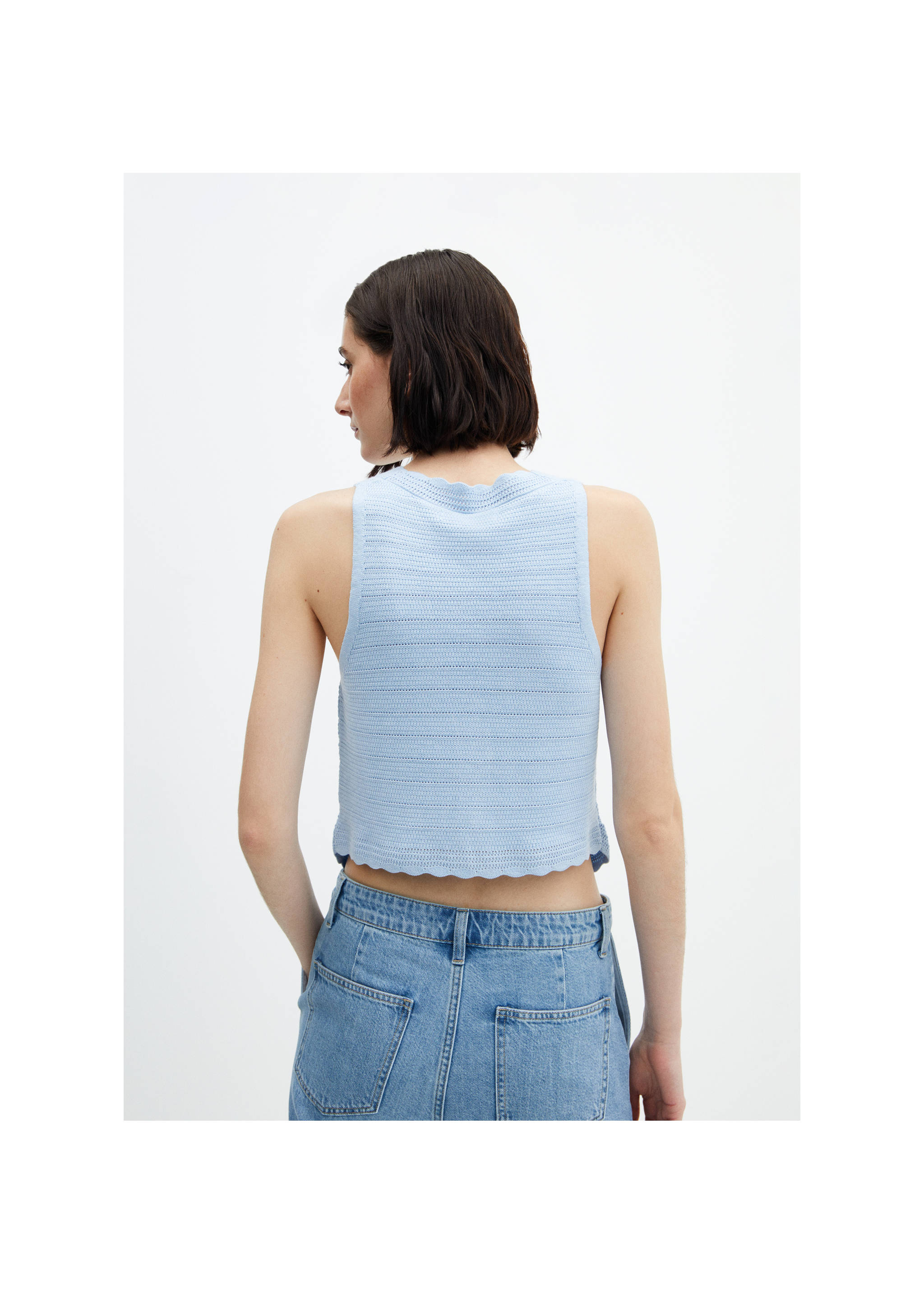 Knitted gilet with openwork details - Reverse of the article, Sky Blue. Ref: 67067133-00.