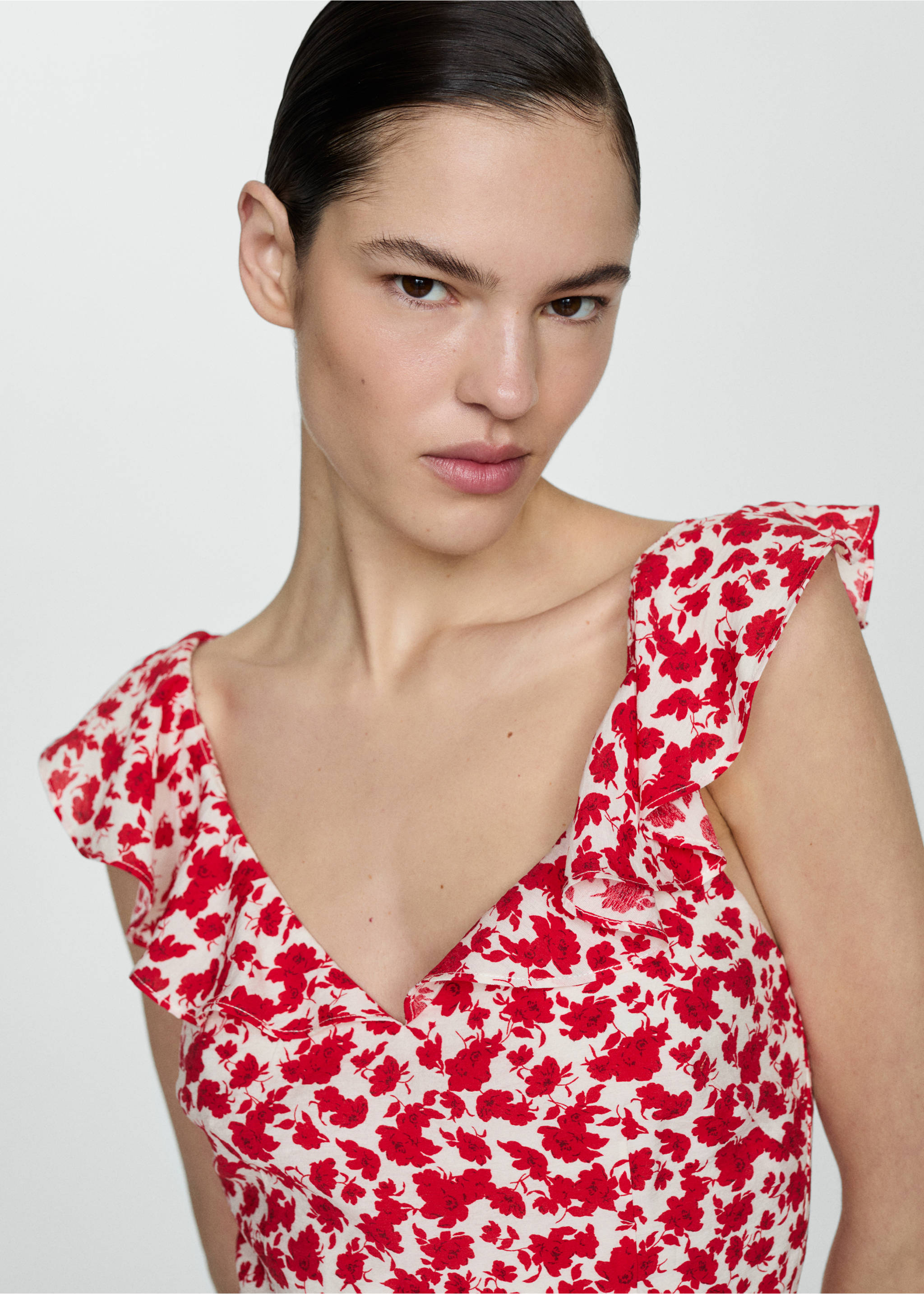 Floral-print long jumpsuit - Details of the article 1, Red. Ref: 67068642-00.