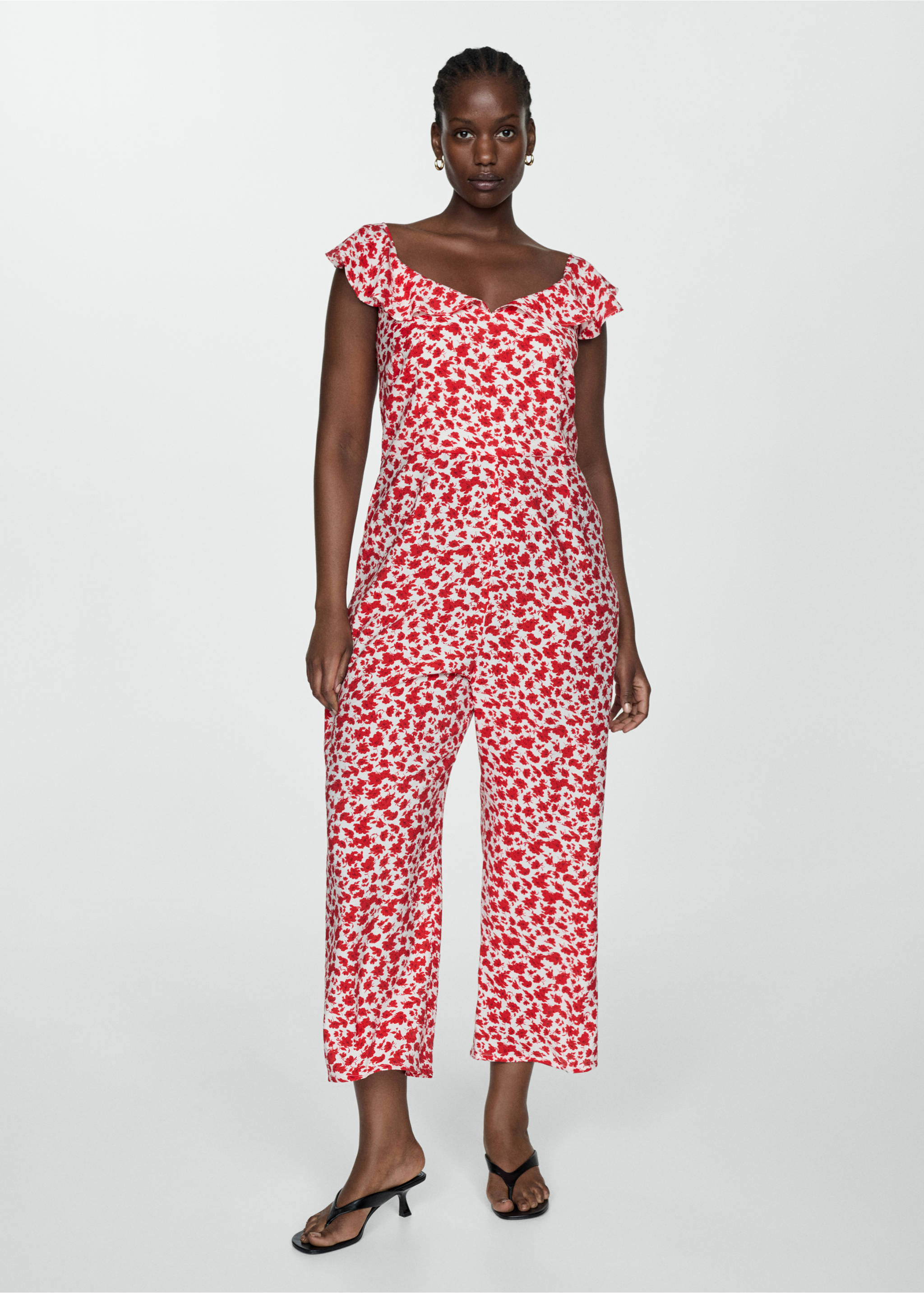 Floral-print long jumpsuit - Details of the article 6, Red. Ref: 67068642-00.