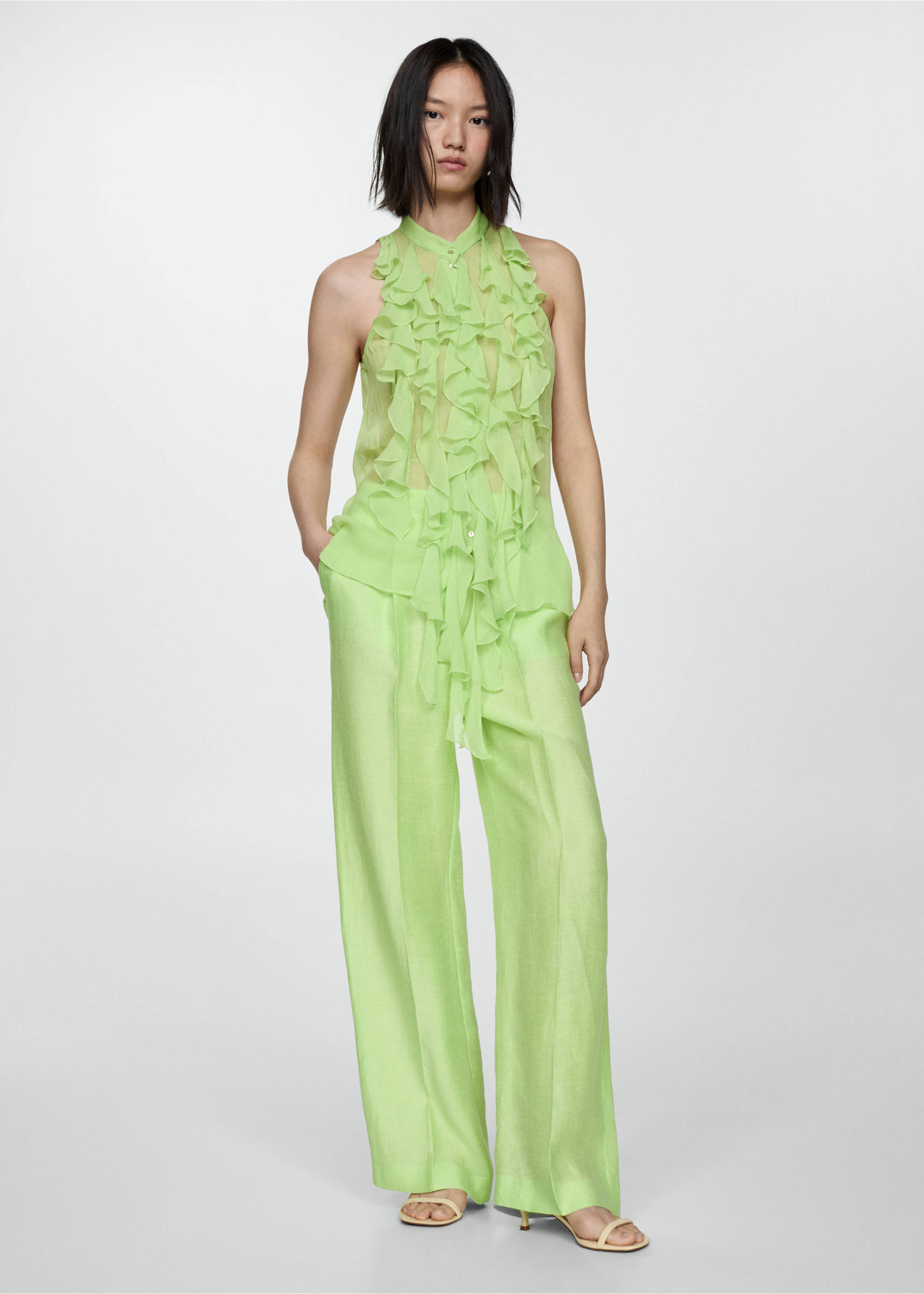 Blouse semi-transparente volants - Plan général, Vert. Ref: 67069233-00.