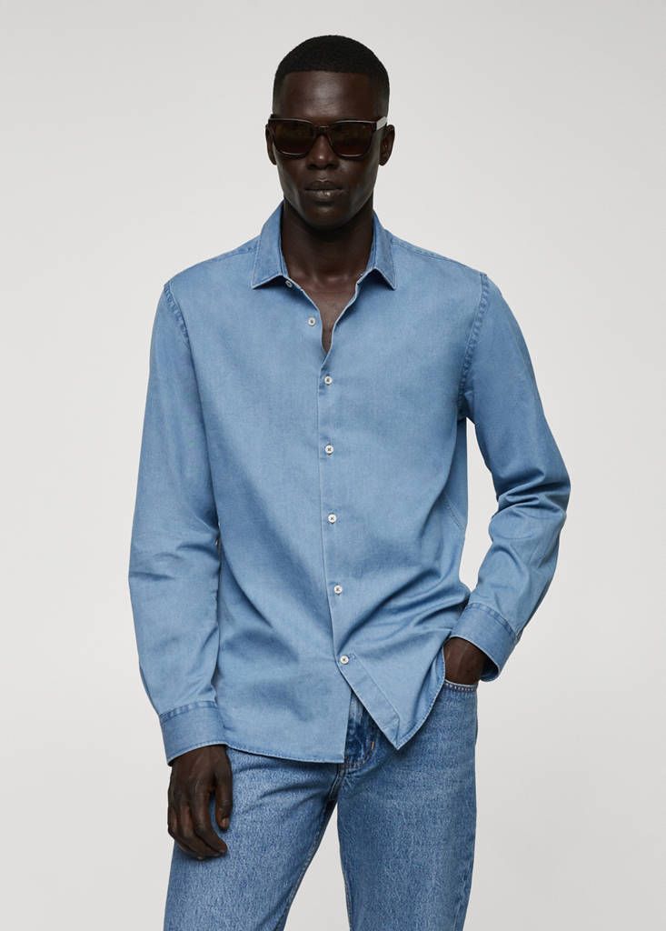Regular-fit cotton chambray shirt — Light Blue