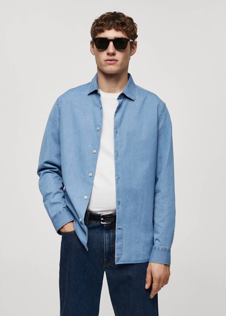 Regular-fit cotton chambray shirt — Light Blue