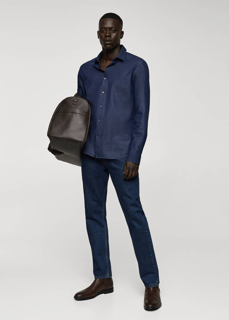 Regular-fit cotton chambray shirt — Dark Blue