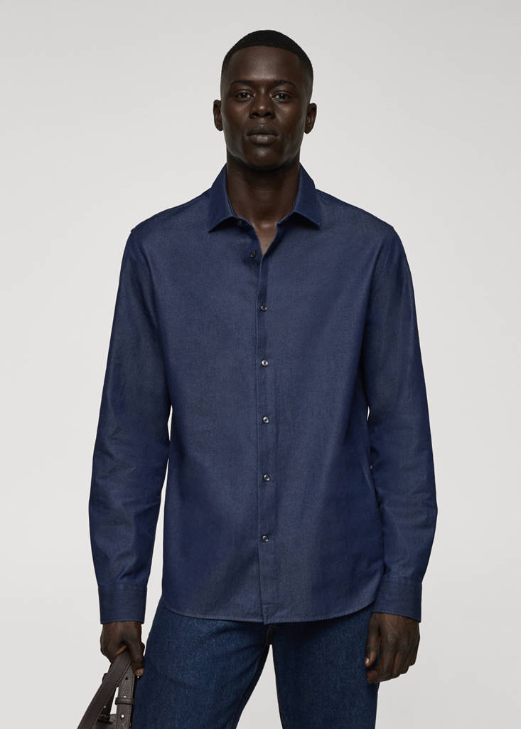Regular-fit cotton chambray shirt — Dark Blue