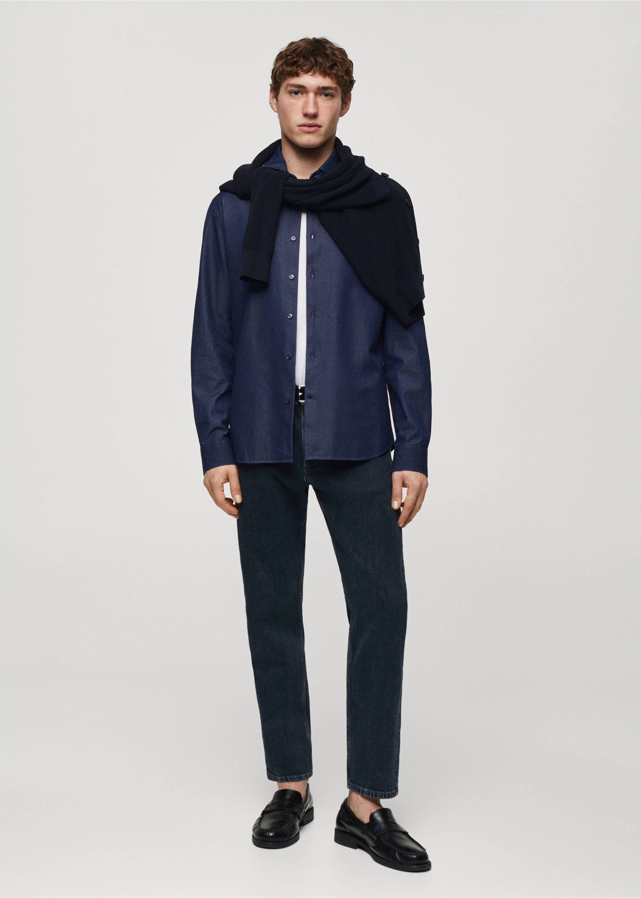 Regular-fit cotton chambray shirt - General plane, Dark Blue. Ref: 67070628-01.
