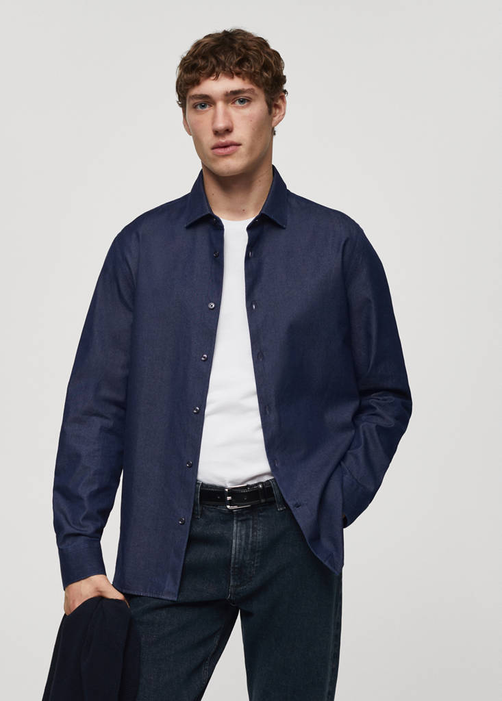 Regular-fit cotton chambray shirt — Dark Blue