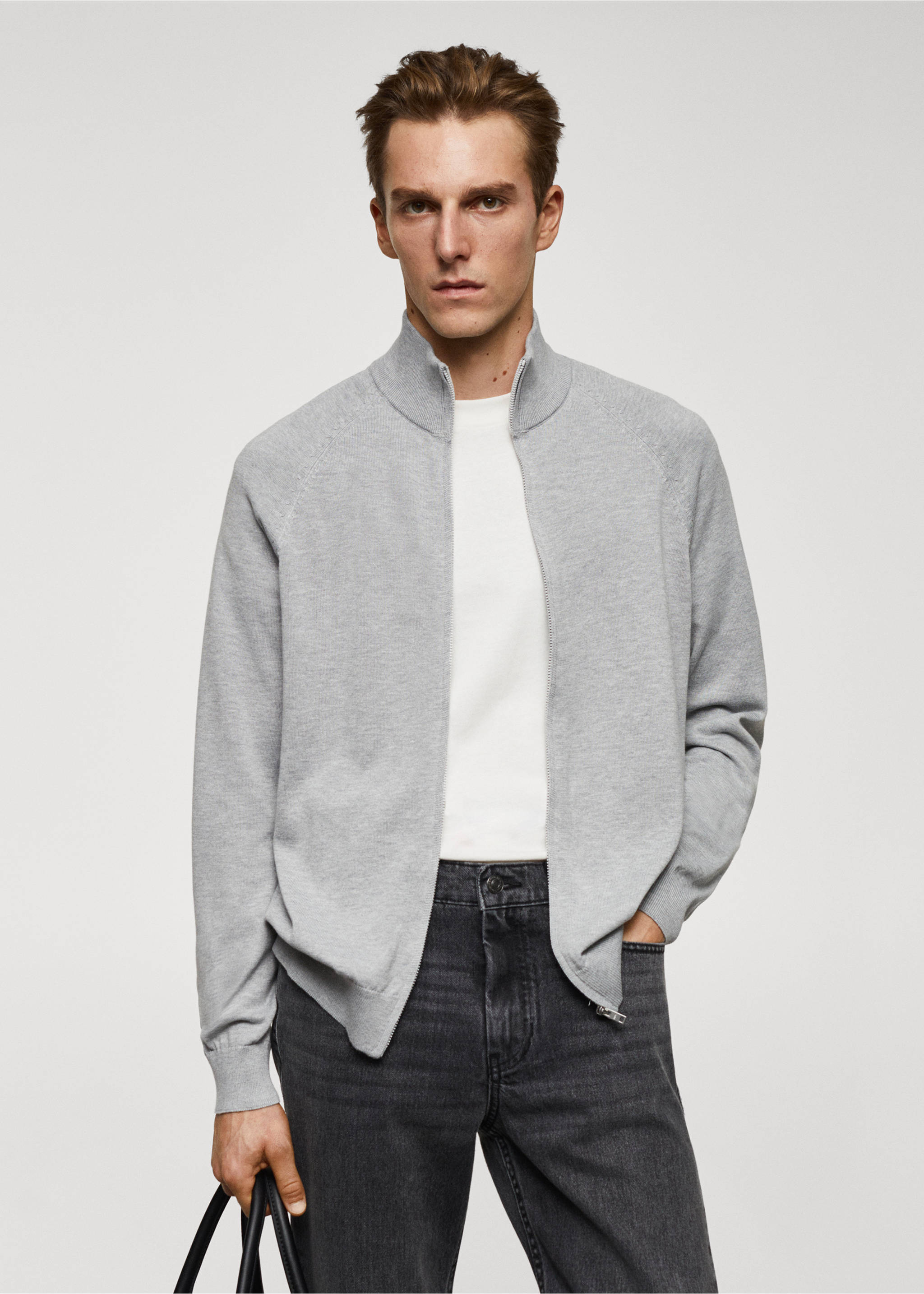 Zipped cotton cardigan - Medium plane, Grey. Ref: 67070645-00.