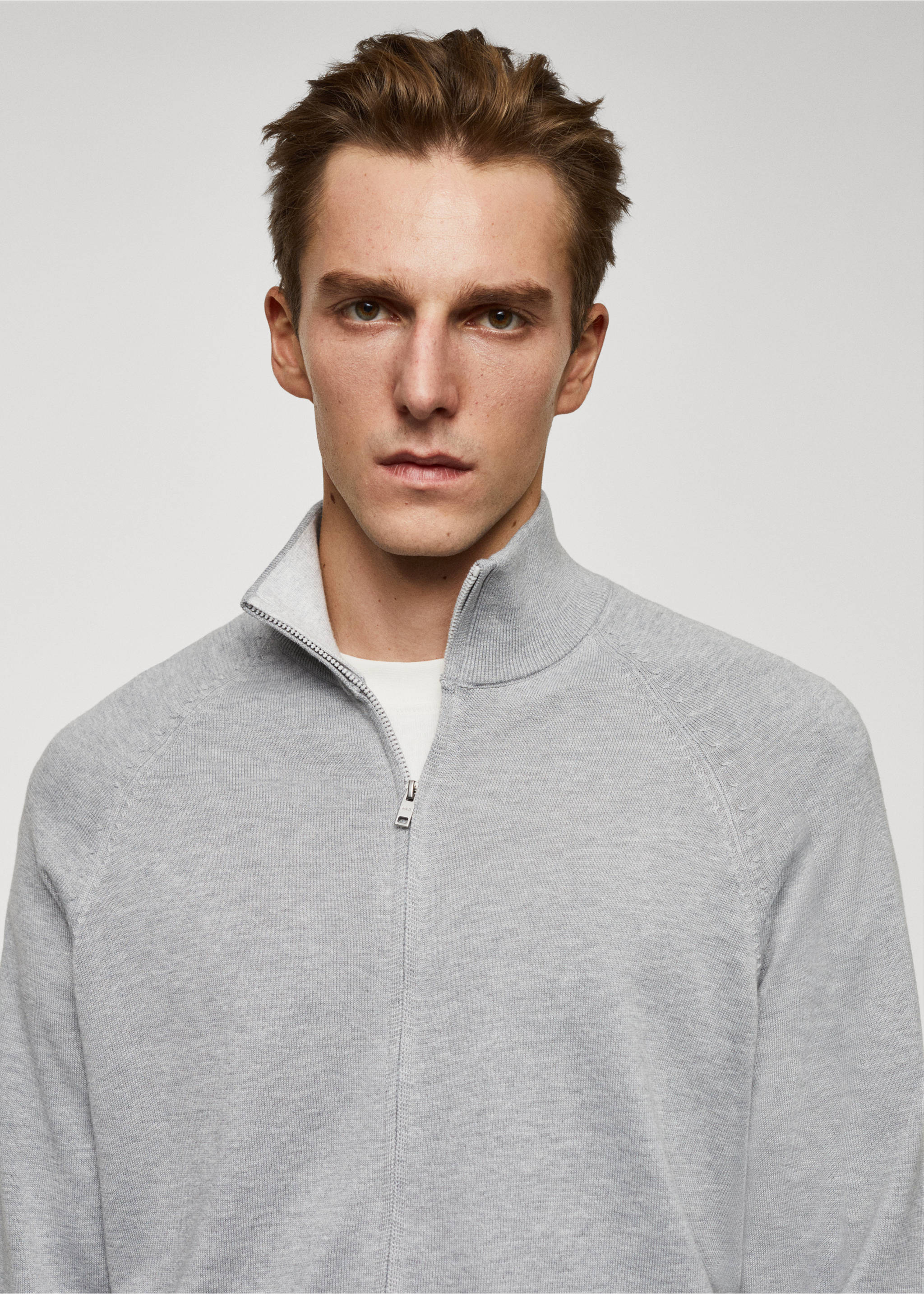 Zipped cotton cardigan - Details of the article 1, Grey. Ref: 67070645-00.