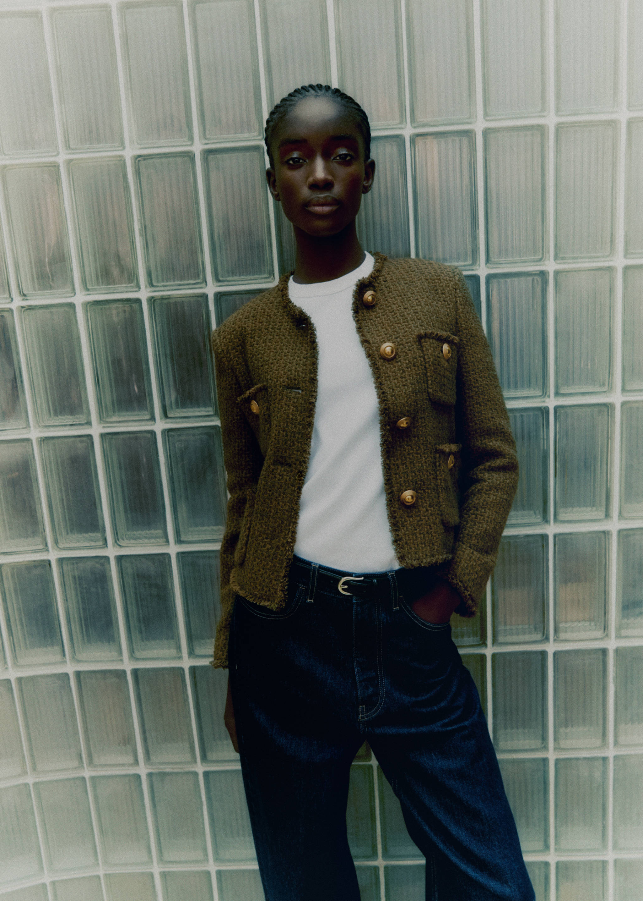 Pocket tweed jacket - Details of the article 3, Khaki. Ref: 67073271-00.
