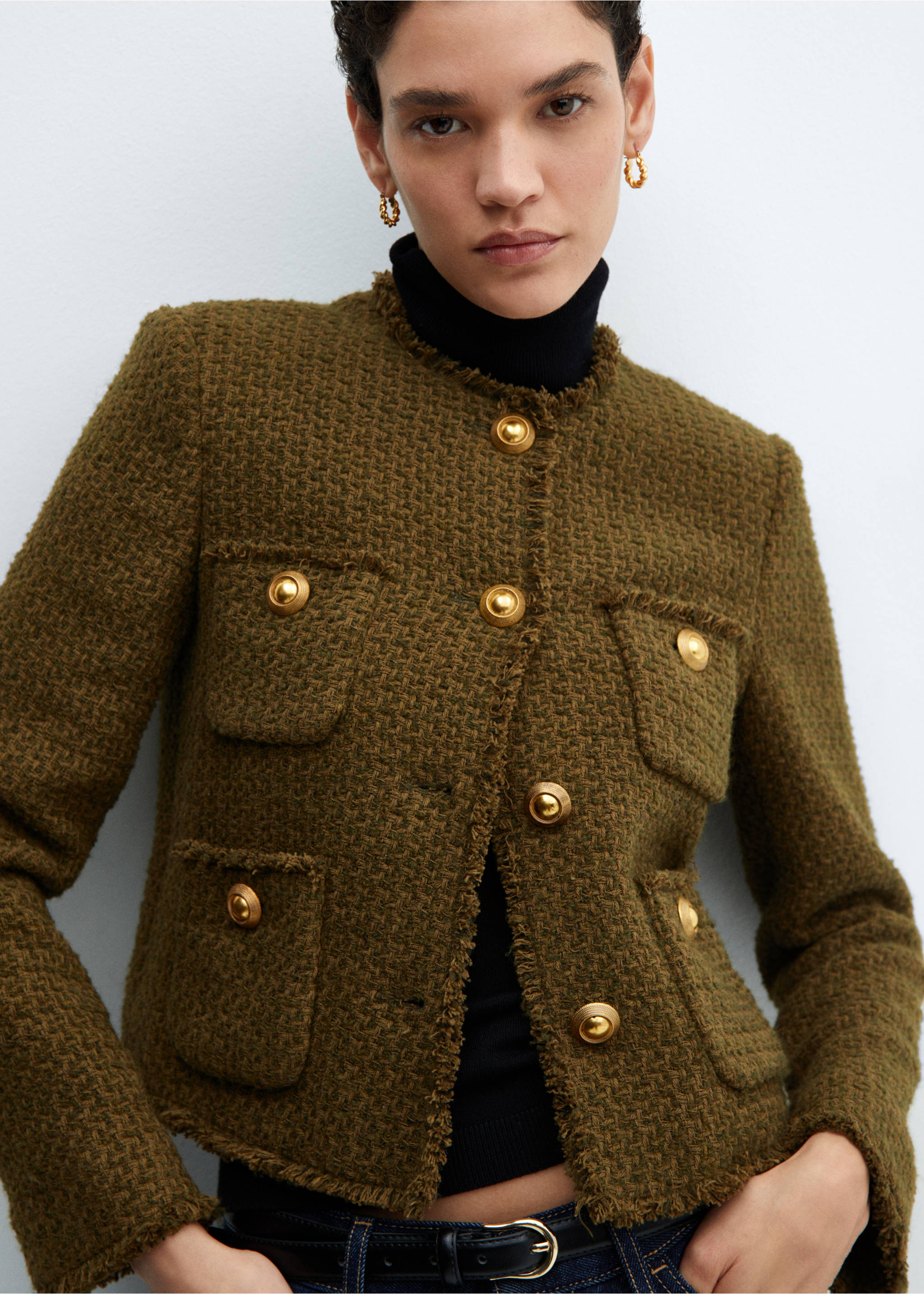 Pocket tweed jacket - Details of the article 2, Khaki. Ref: 67073271-00.