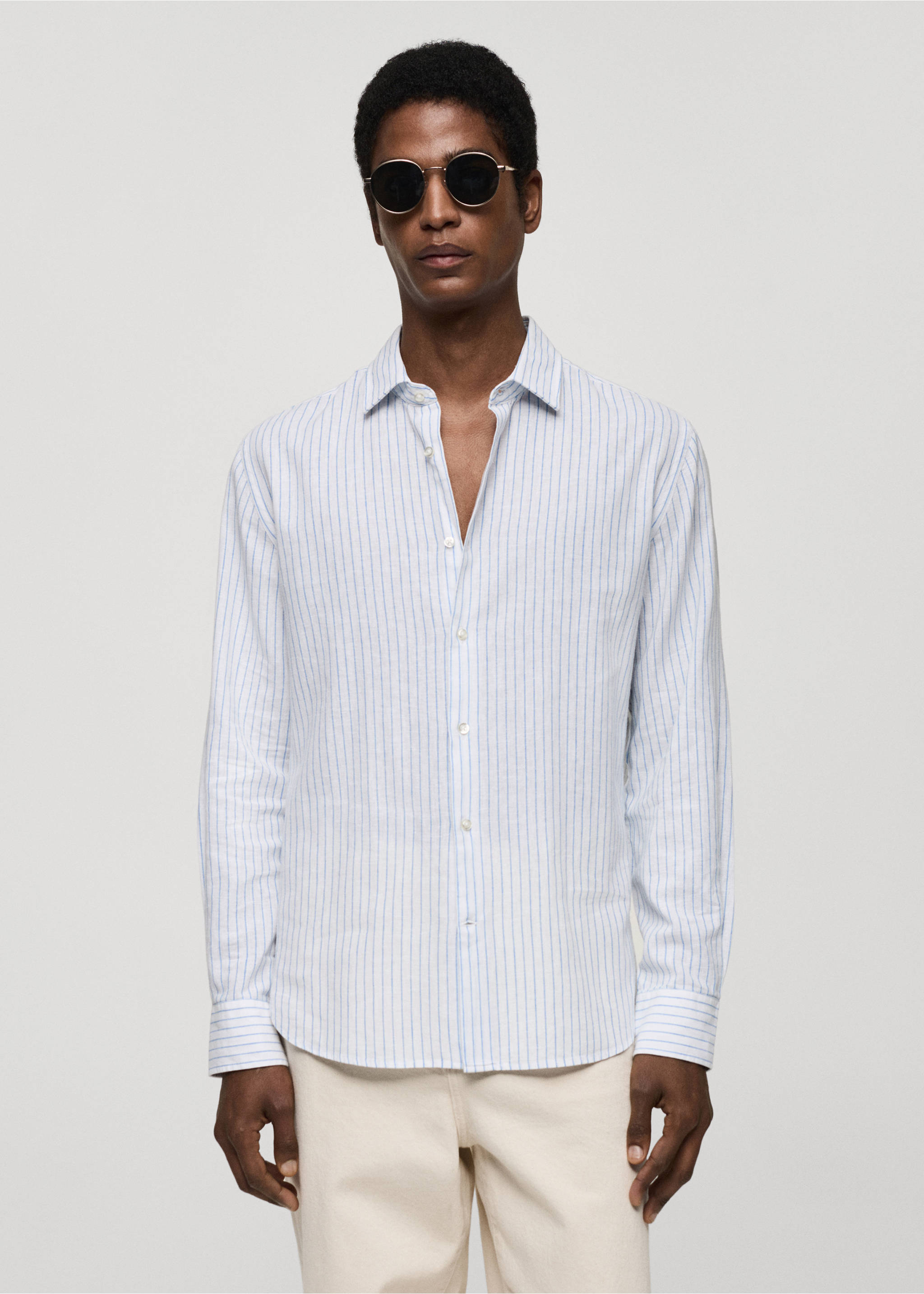 Regular-fit striped linen shirt - Medium plane, White. Ref: 67076726-00.