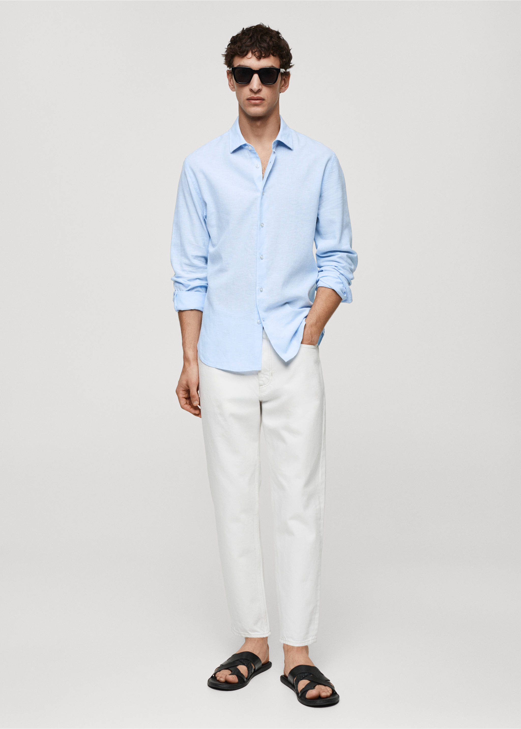 Regular-fit striped linen shirt - General plane, Sky Blue. Ref: 67076726-00.