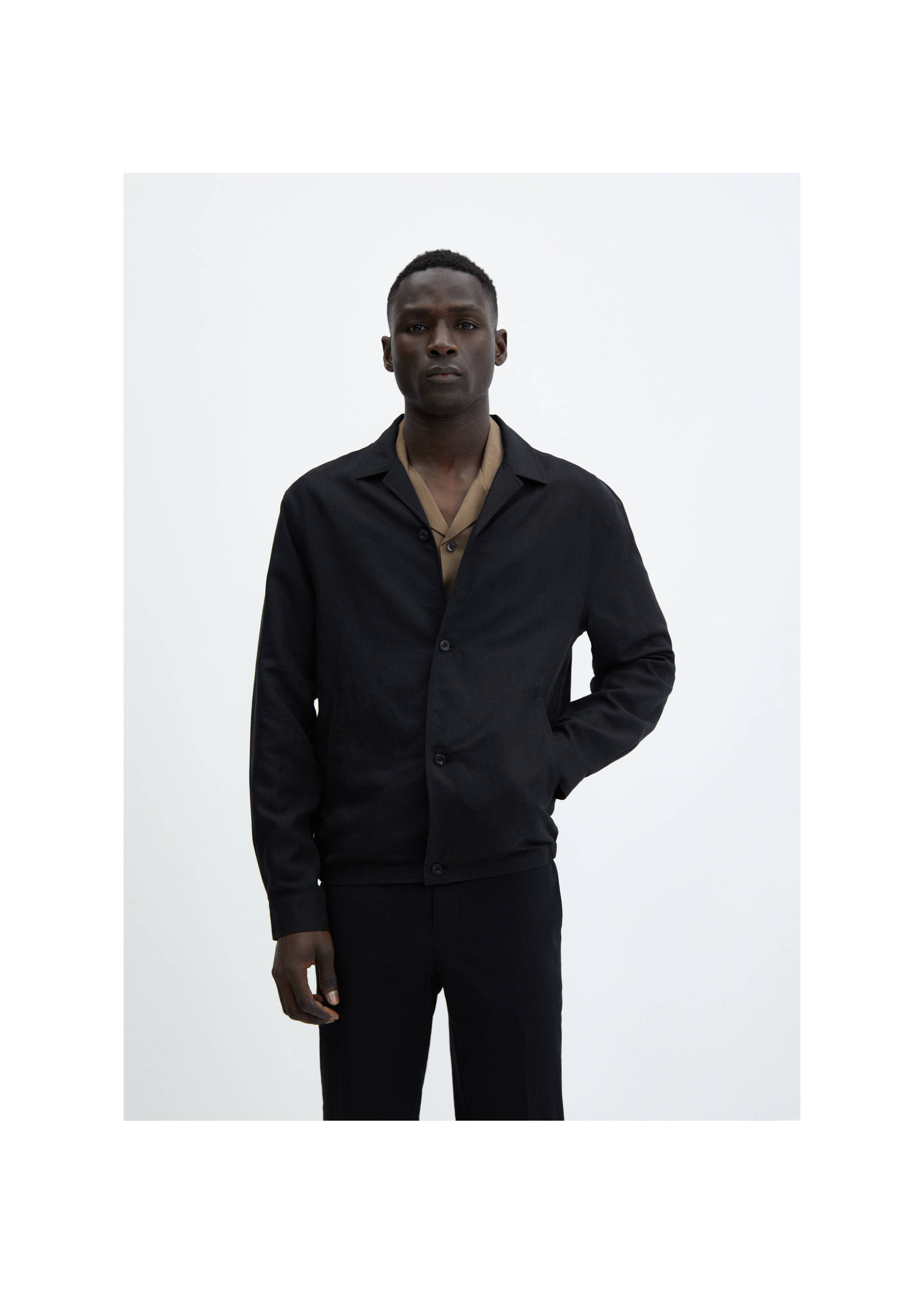 Slim-fit linen-blend overshirt - Medium plane, Black. Ref: 67077686-00.