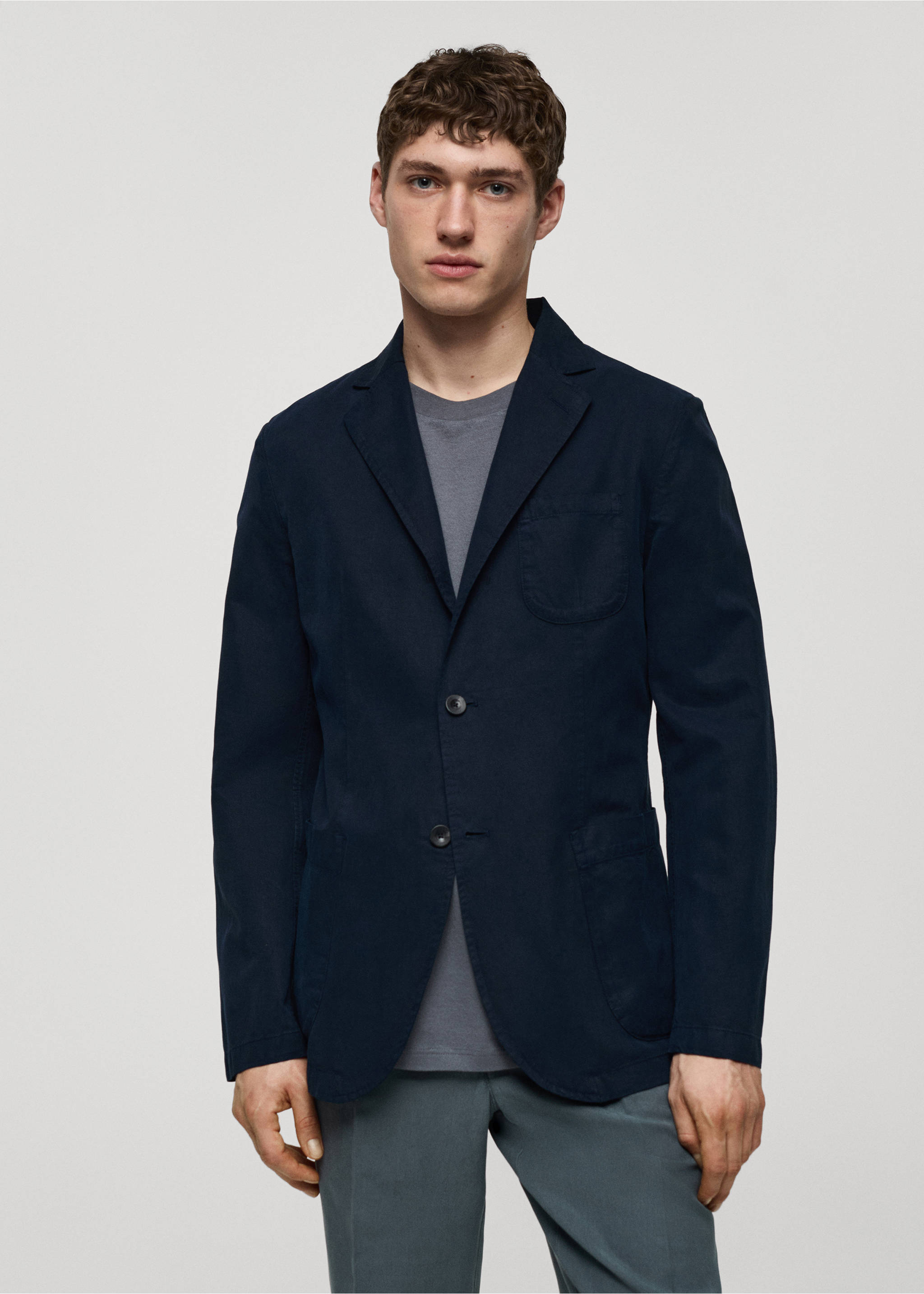 Americana slim fit lino algodón - Plano medio, Azul marino oscuro. Ref: 67077696-00.
