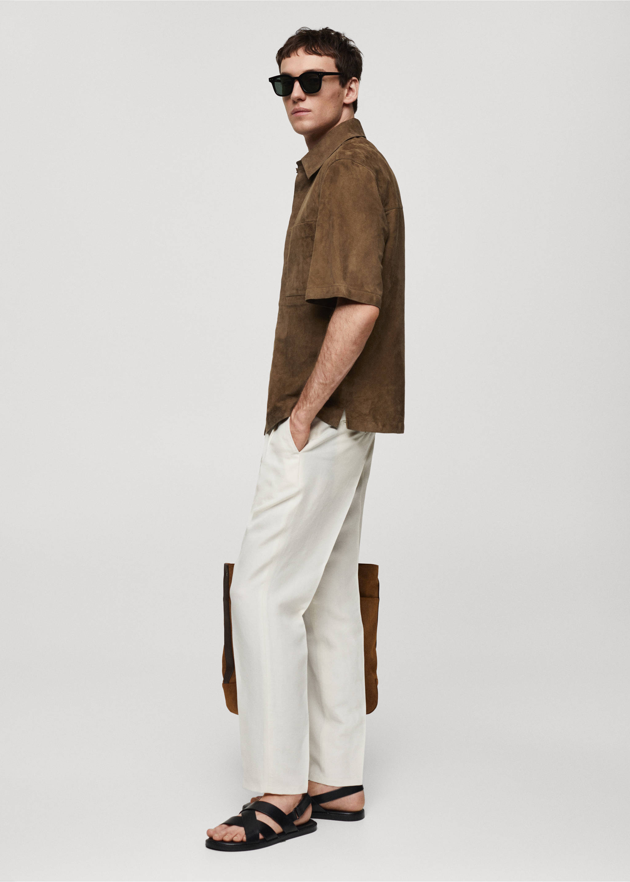 Overshirt with 100% suede leather pocket - Details of the article 2, Brown. Ref: 67077906-00.