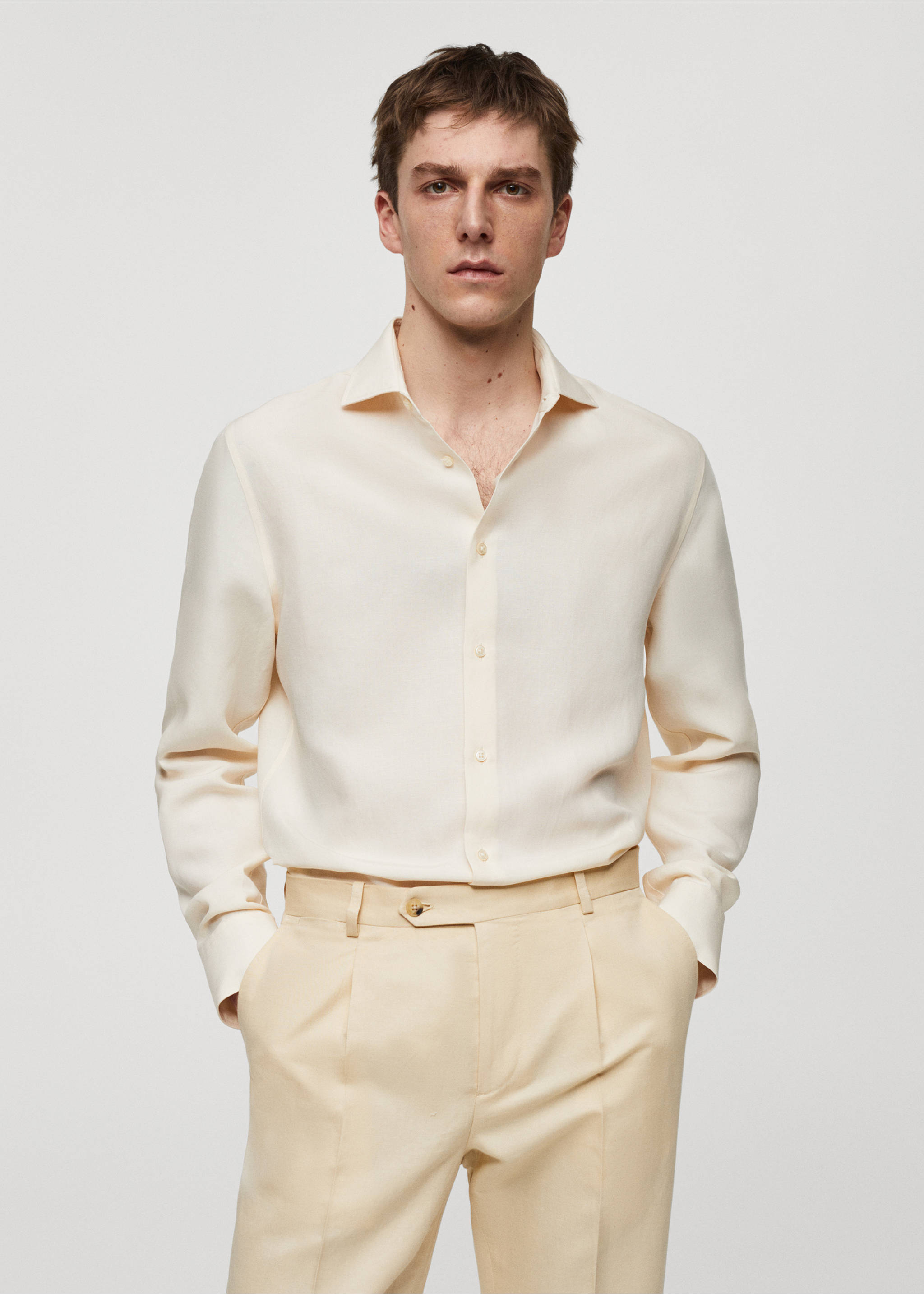Slim-fit Tencel linen shirt - Medium plane, Beige. Ref: 67077907-00.
