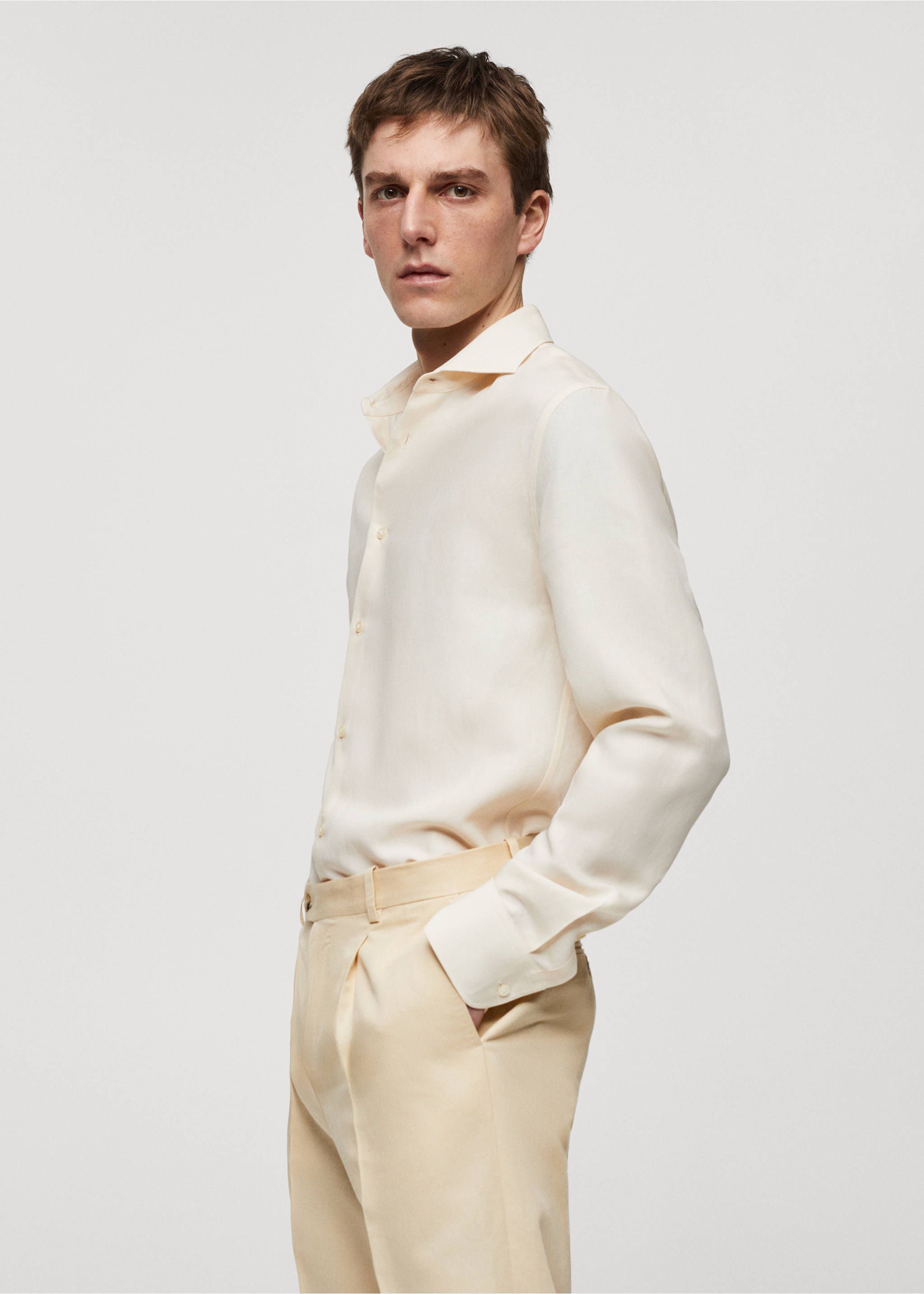 Slim-fit Tencel linen shirt - Details of the article 2, Beige. Ref: 67077907-00.