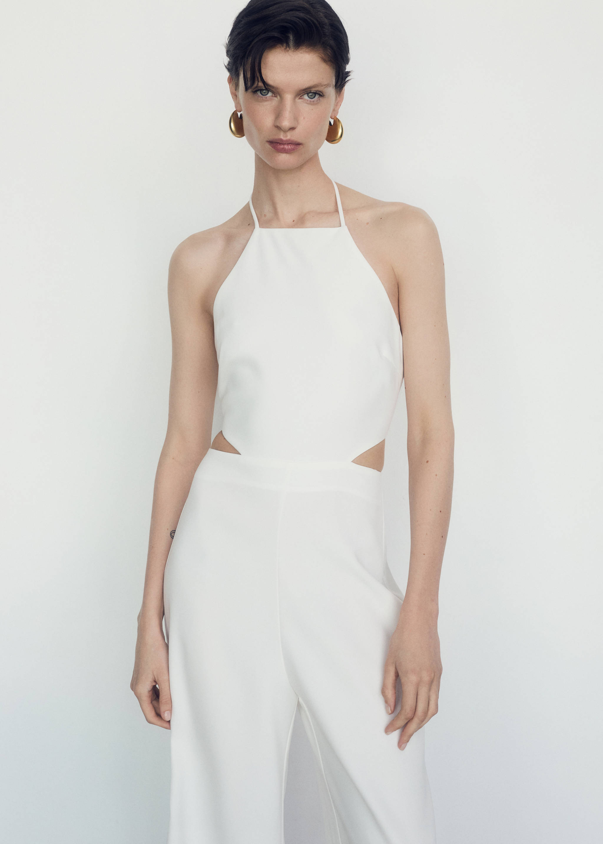 开衩露背挂脖领连身裤 - null