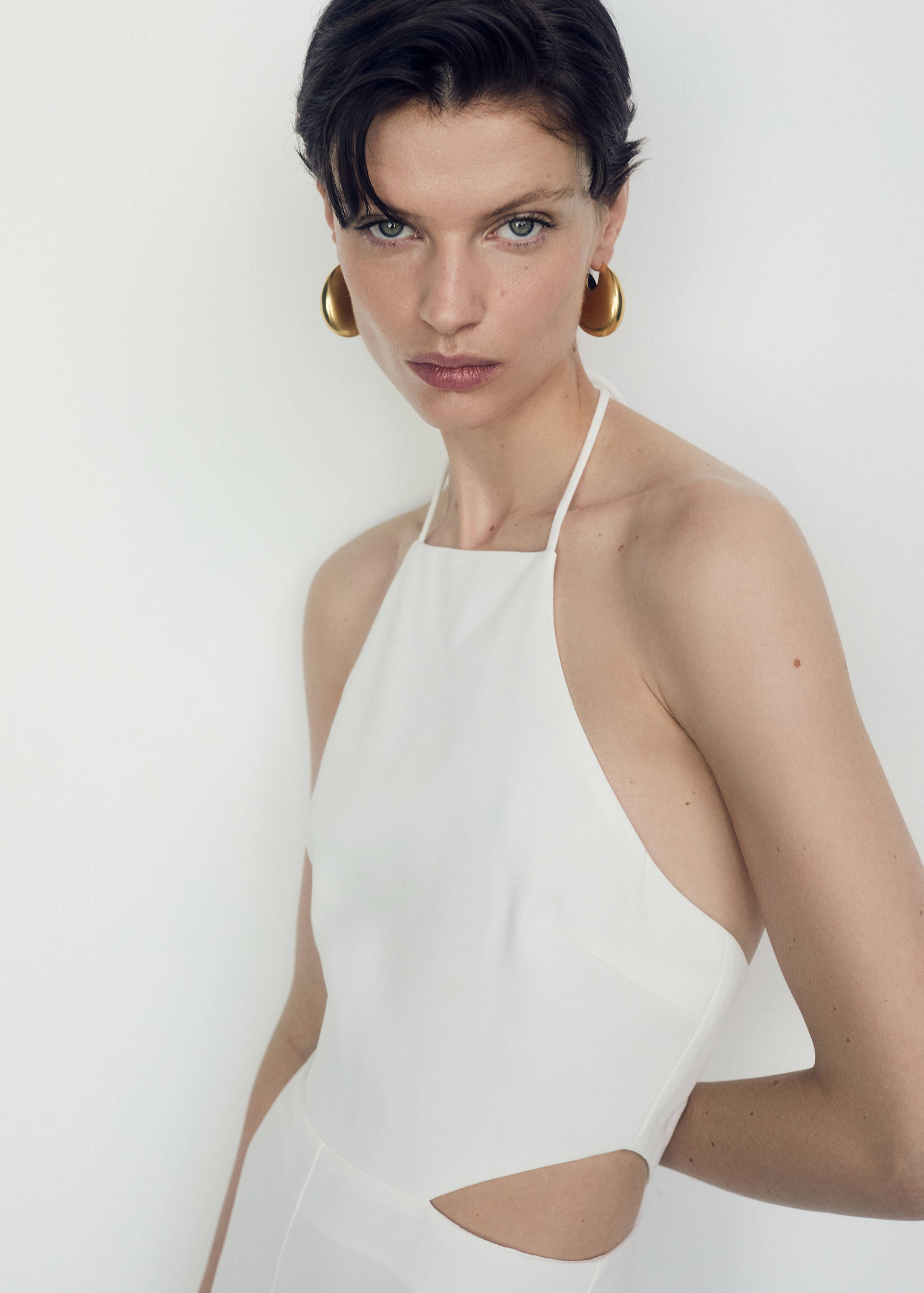 开衩露背挂脖领连身裤 - null