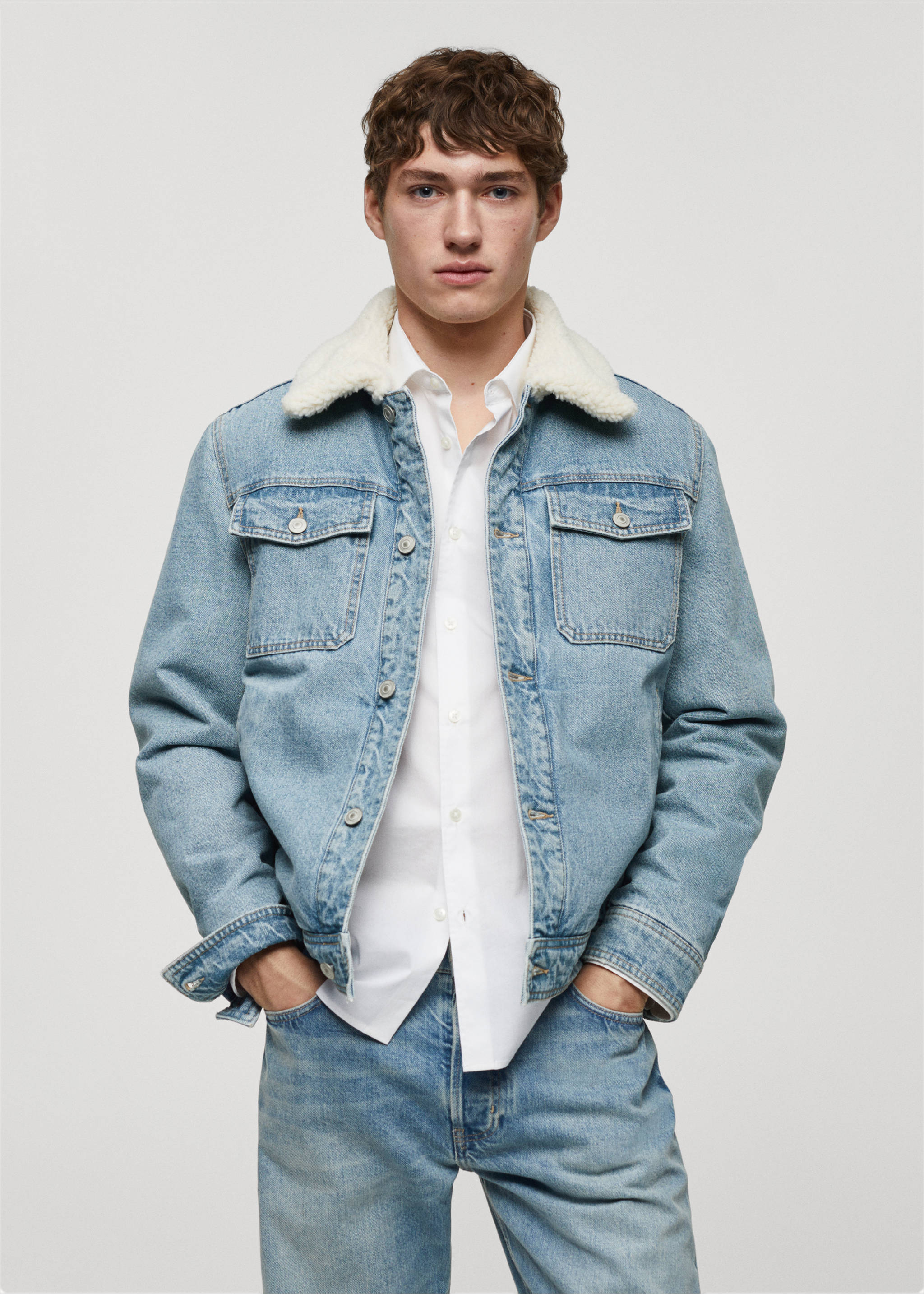 Chaqueta denim borreguito - Plano medio, Azul medio vintage. Ref: 67080623-00.