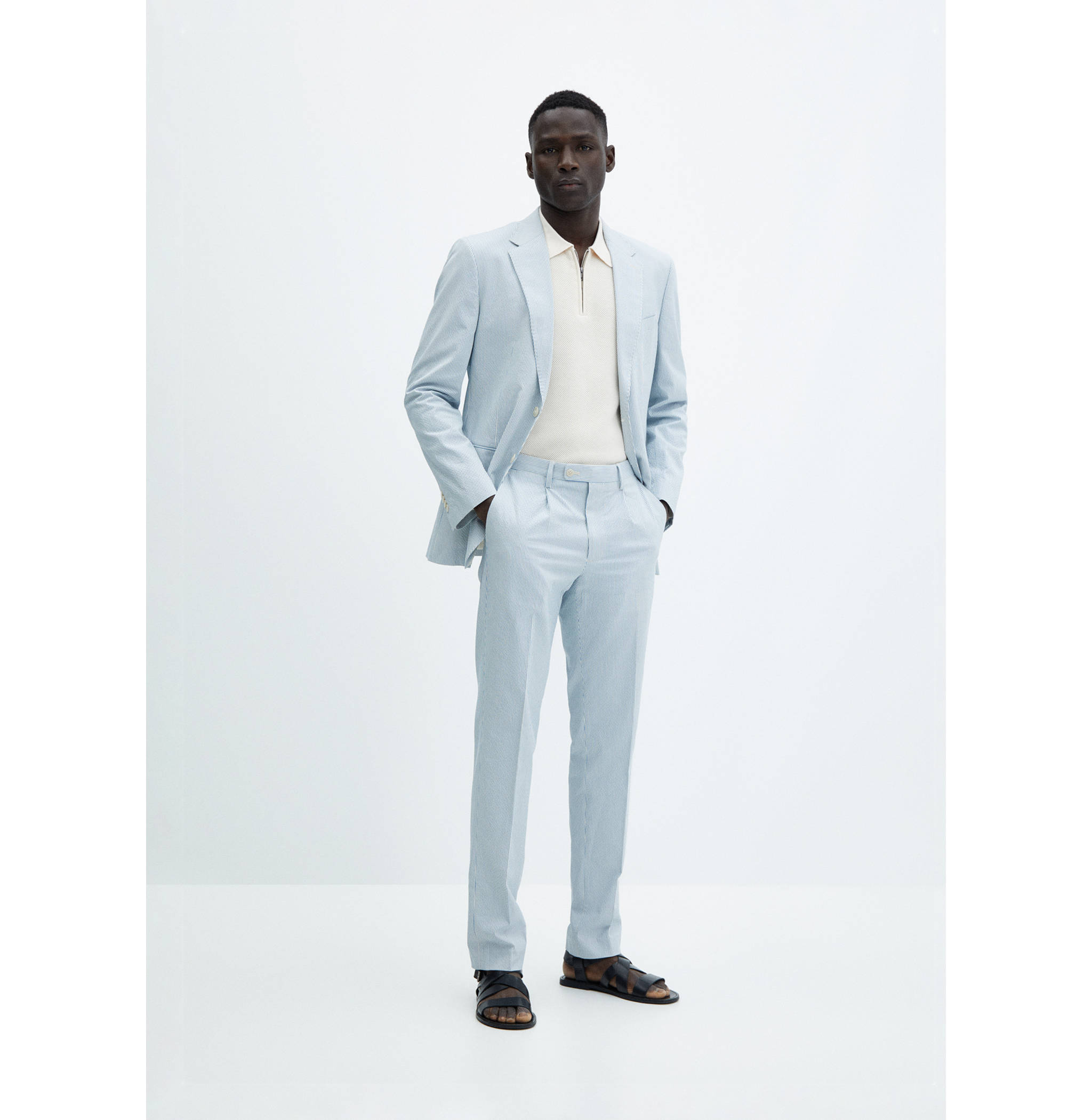Striped seersucker cotton slim-fit suit trousers - General plane
