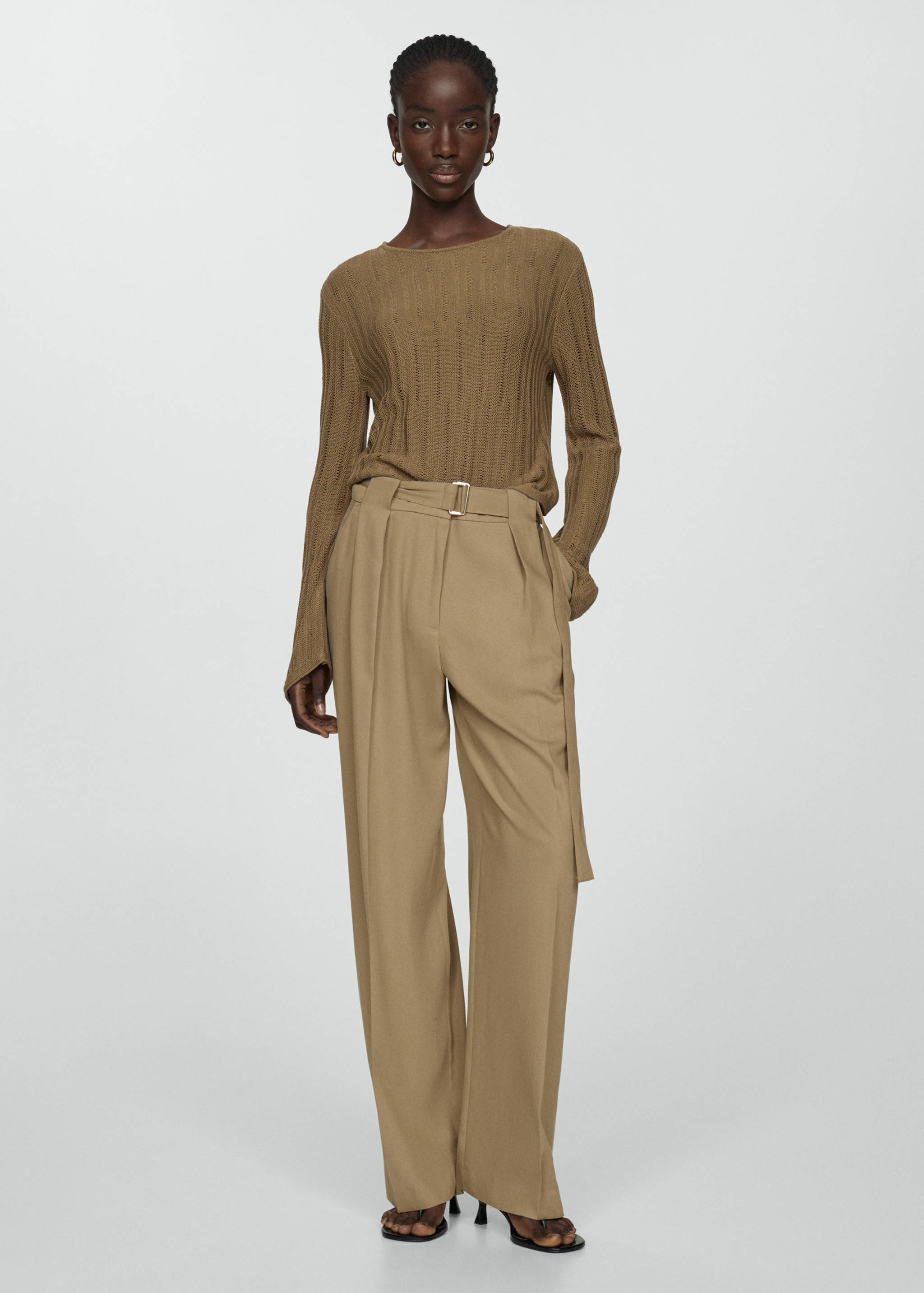 腰带直筒修身裤 - null