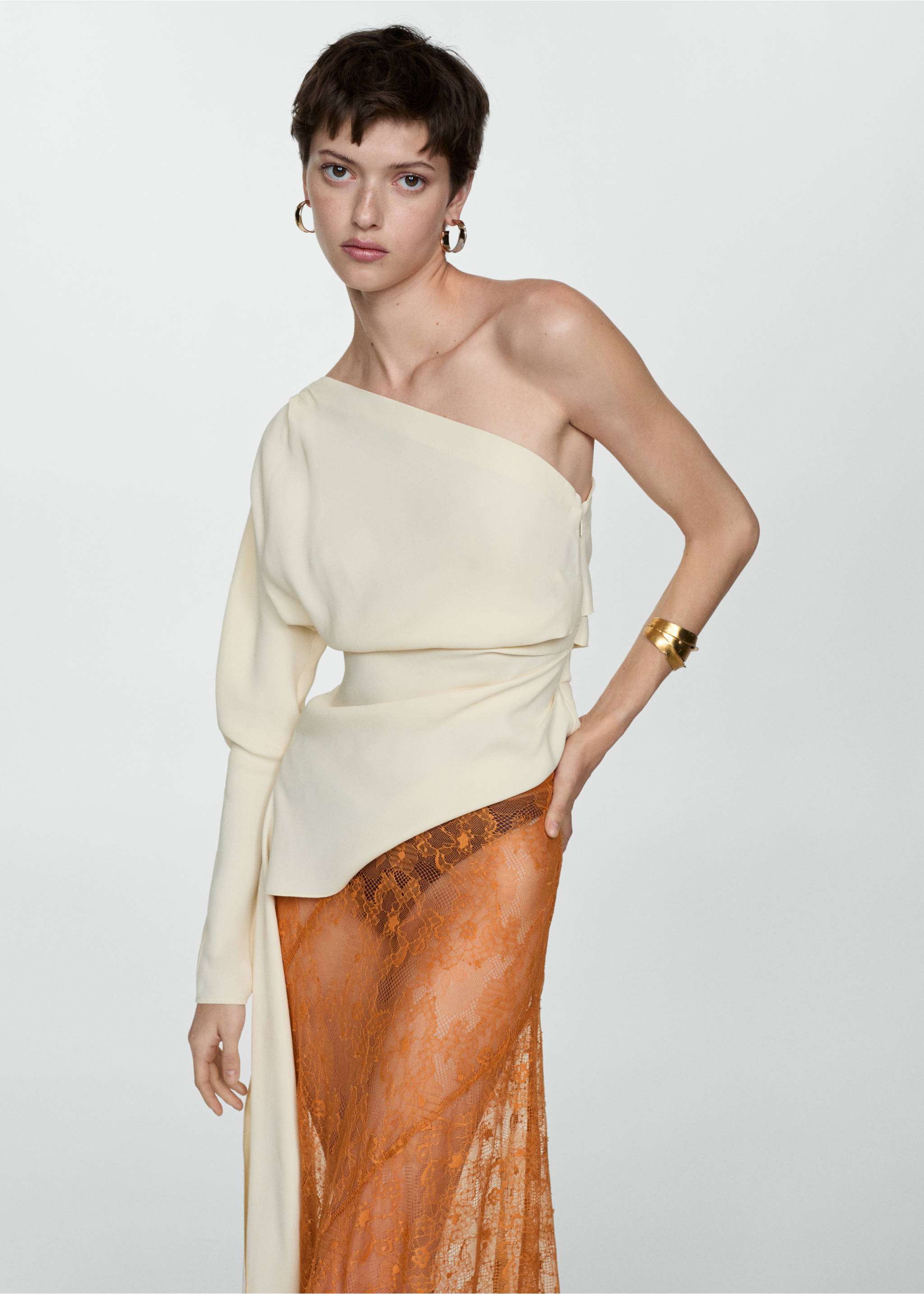 Asymmetrical embroidered skirt - Details of the article 1, Orange. Ref: 67088279-00.