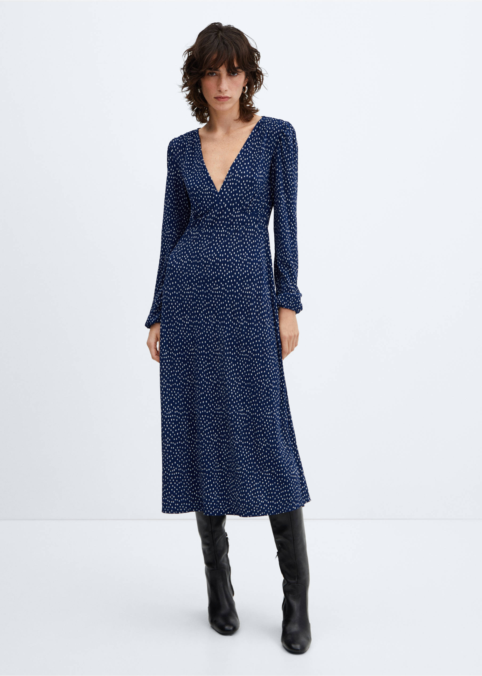 Vestido midi topos - Plano general, Azul. Ref: 67090463-00.