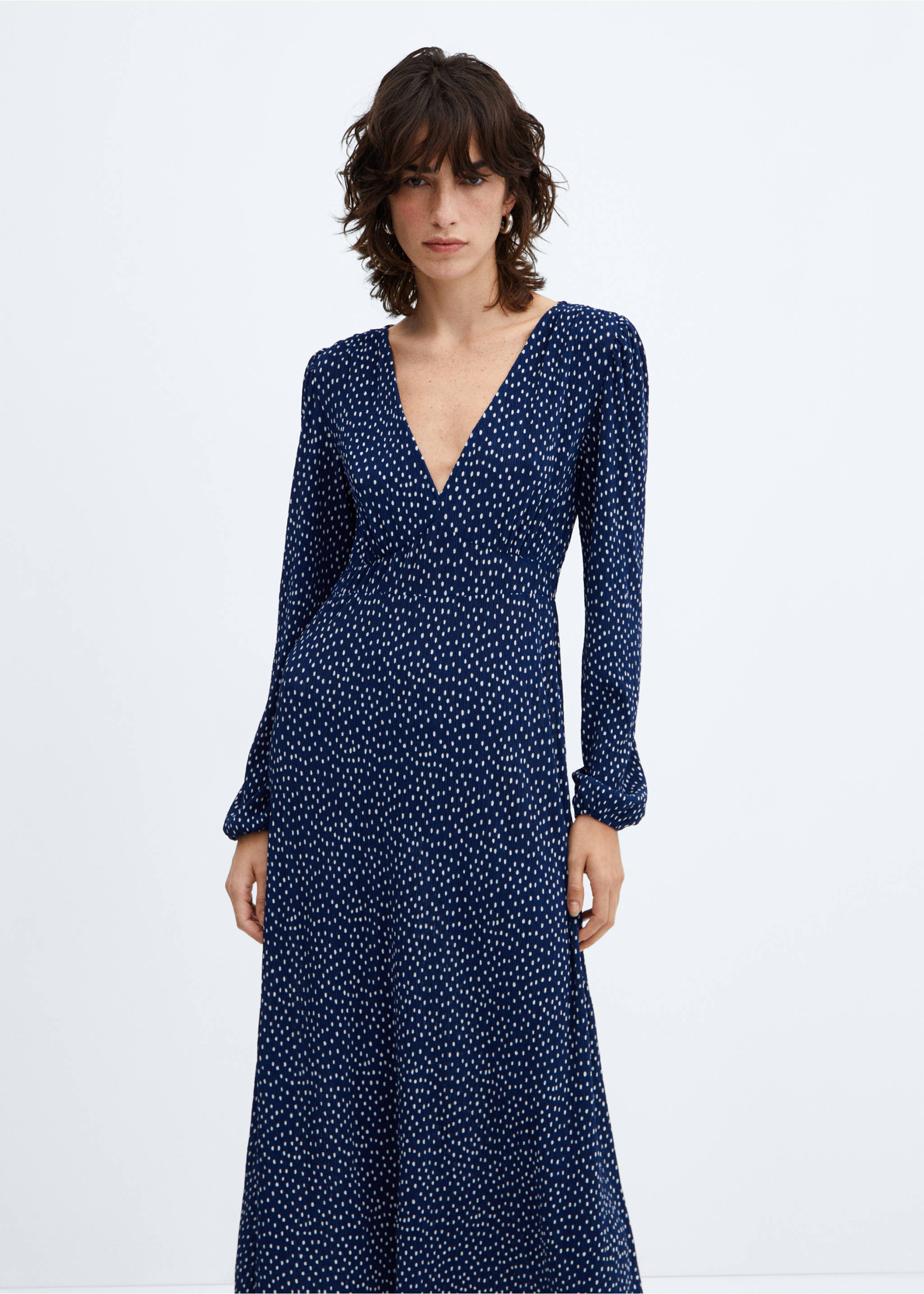 Vestido midi topos - Plano medio, Azul. Ref: 67090463-00.